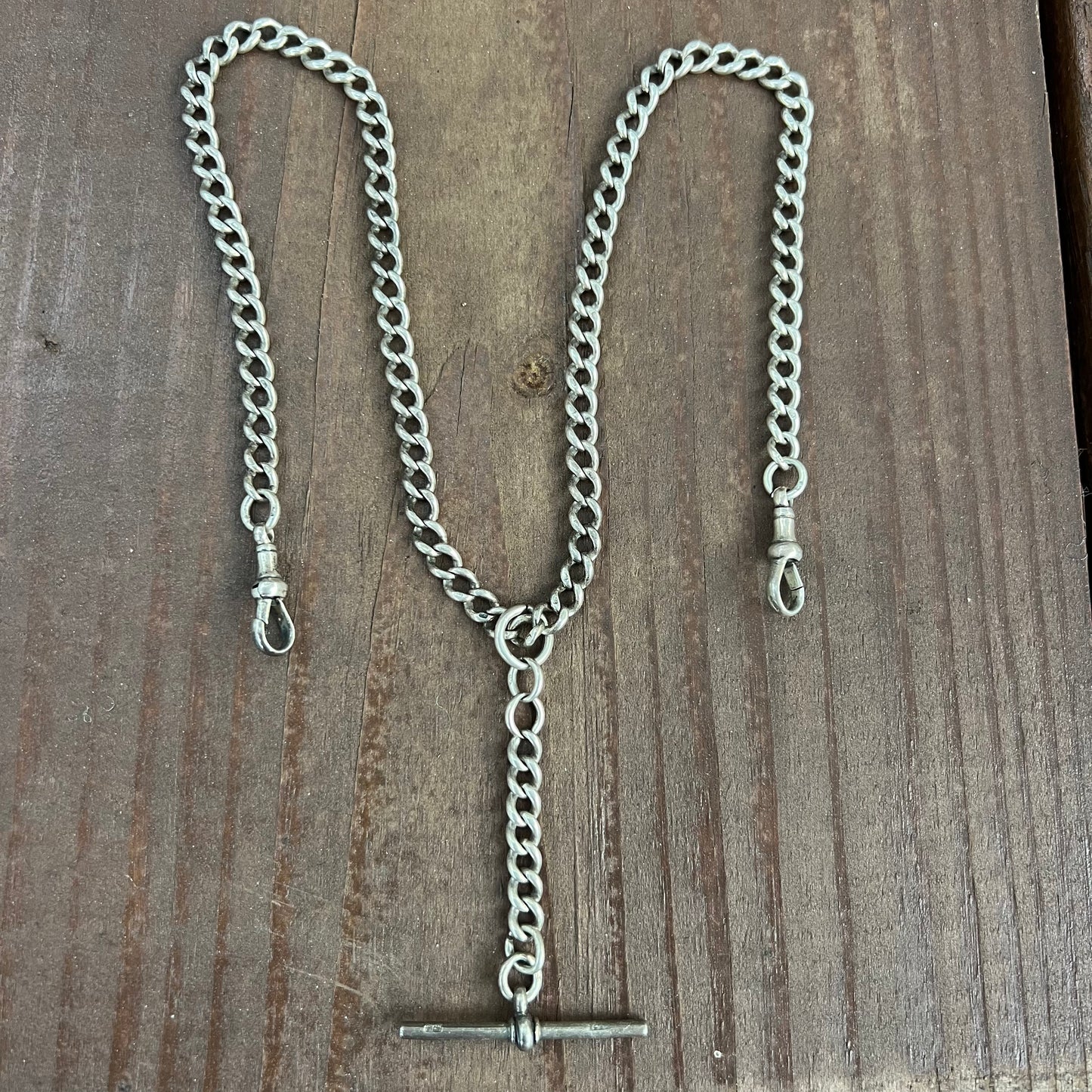 Dated 1896 Victorian Solid Sterling/.925 London Hallmarked Albert Chain With Double Dog Clips And T-Bar Necklace (20”)