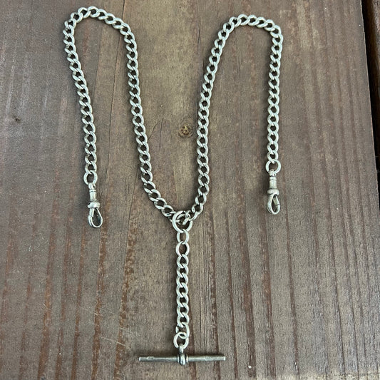 Dated 1896 Victorian Solid Sterling/.925 London Hallmarked Albert Chain With Double Dog Clips And T-Bar Necklace (20”)