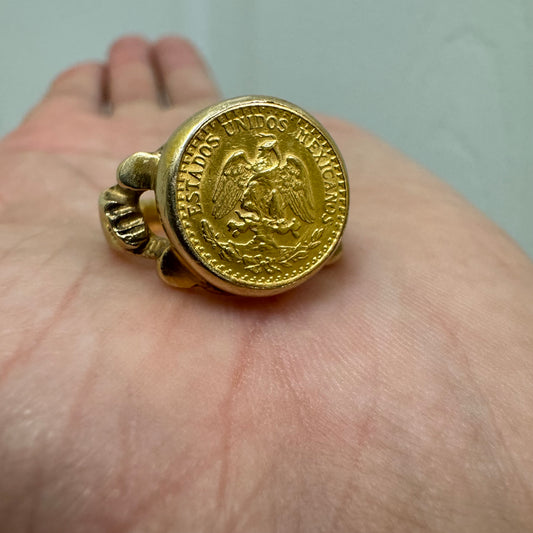 1945 22k Gold Mexican Dos Pesos 14k Yellow Gold Brutalist Nugget Coin Ring (6.5)