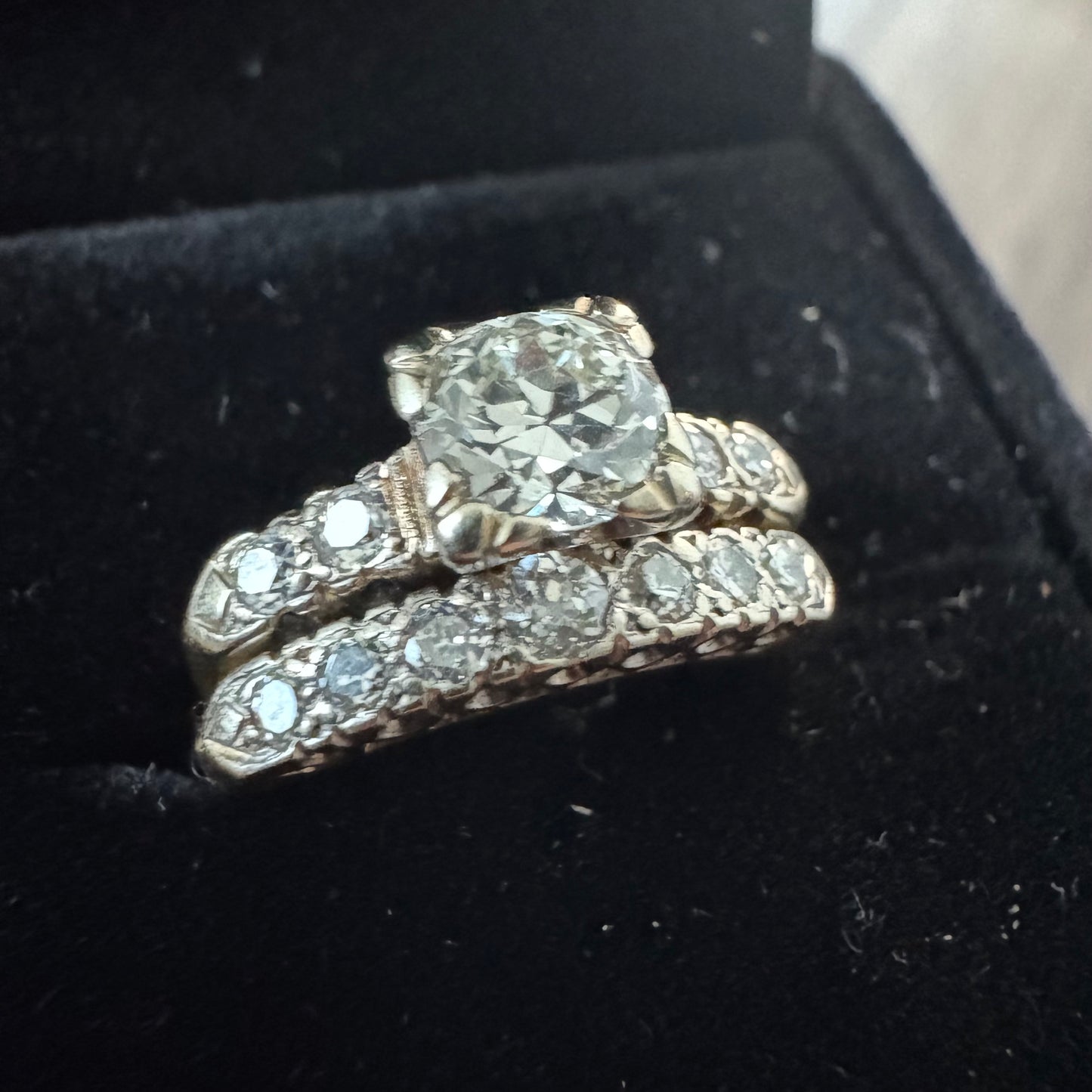 Circa 1930’s Solid 14k Gold 1.50ctw Natural Old Euro Cut Diamond Engagement & Wedding Ring Set (6.5)