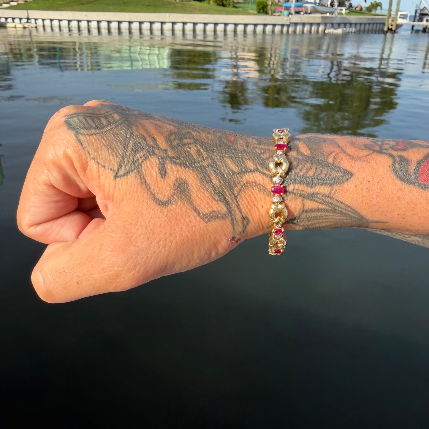 Vintage Solid 14k Yellow Gold Heavyweight 2.75ctw Natural Ruby And Diamond Bracelet (7.25”)