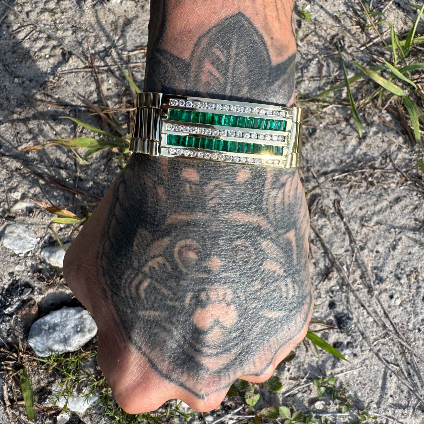 Vintage Solid 14k Yellow Gold 6.0ctw Natural Emerald 2.5ctw Natural Diamond Channel Set Jubilee Bracelet (8.25”)
