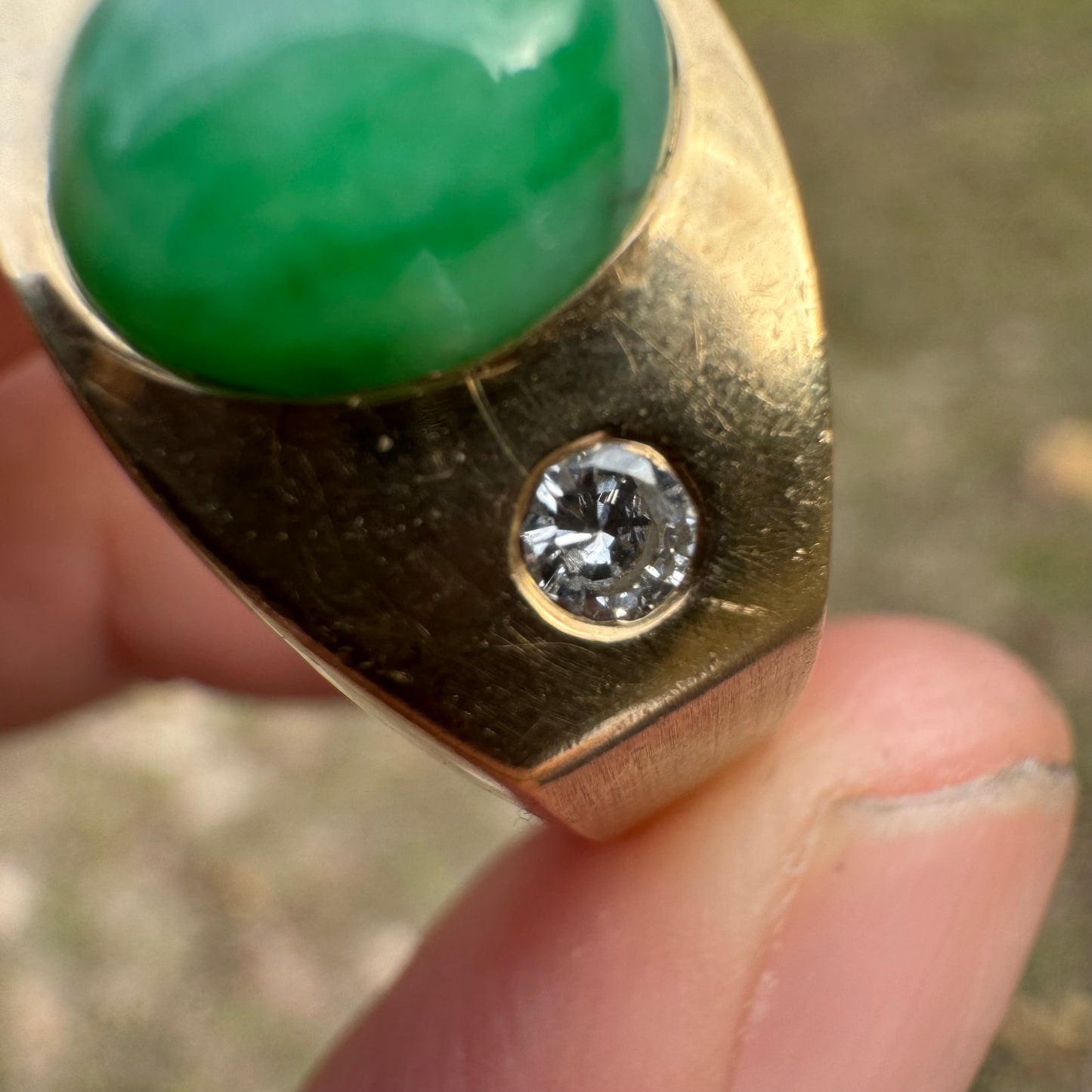 Mid-Century Solid 14k Yellow Gold Apple Jade Natural Diamond Trilogy Ring (9.5)