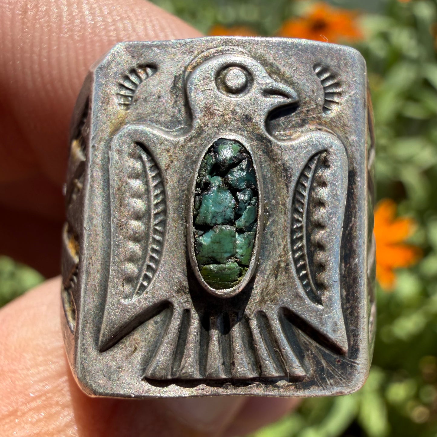 1930’s/40’s Sterling Silver Turquoise Thunderbird Signet Ring (8.75)