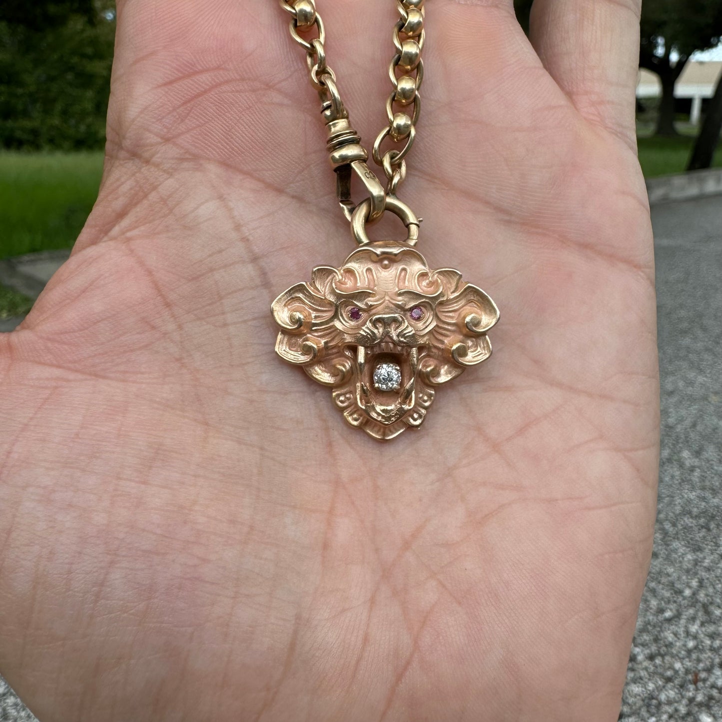 Art Nouveau 1910’s 10k Gold Mythical Beast .10Ct Old Euro Cut Diamond Pendant/Brooch