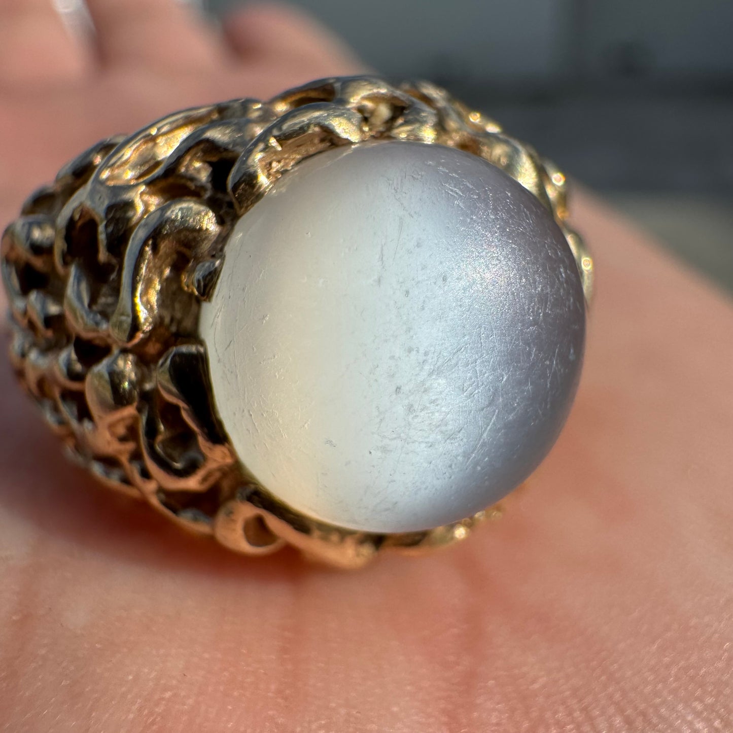 1970’s Solid 14k Yellow Gold Heavyweight Brutalist Moonstone Ring (9)