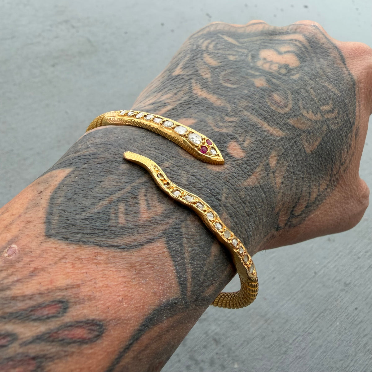 Antique Egyptian Solid 22.5k Yellow Gold Natural Rose Cut Diamond And Ruby Snake Bangle Bracelet (6.5”-8”)