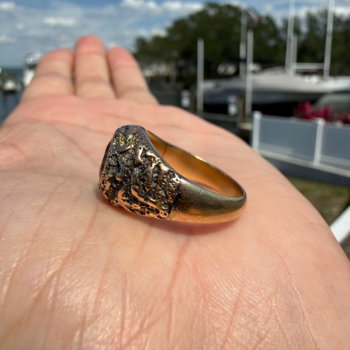 Antique Solid 14k Yellow Gold Natural Ruby Brutalist Gypsy Ring (7.75)