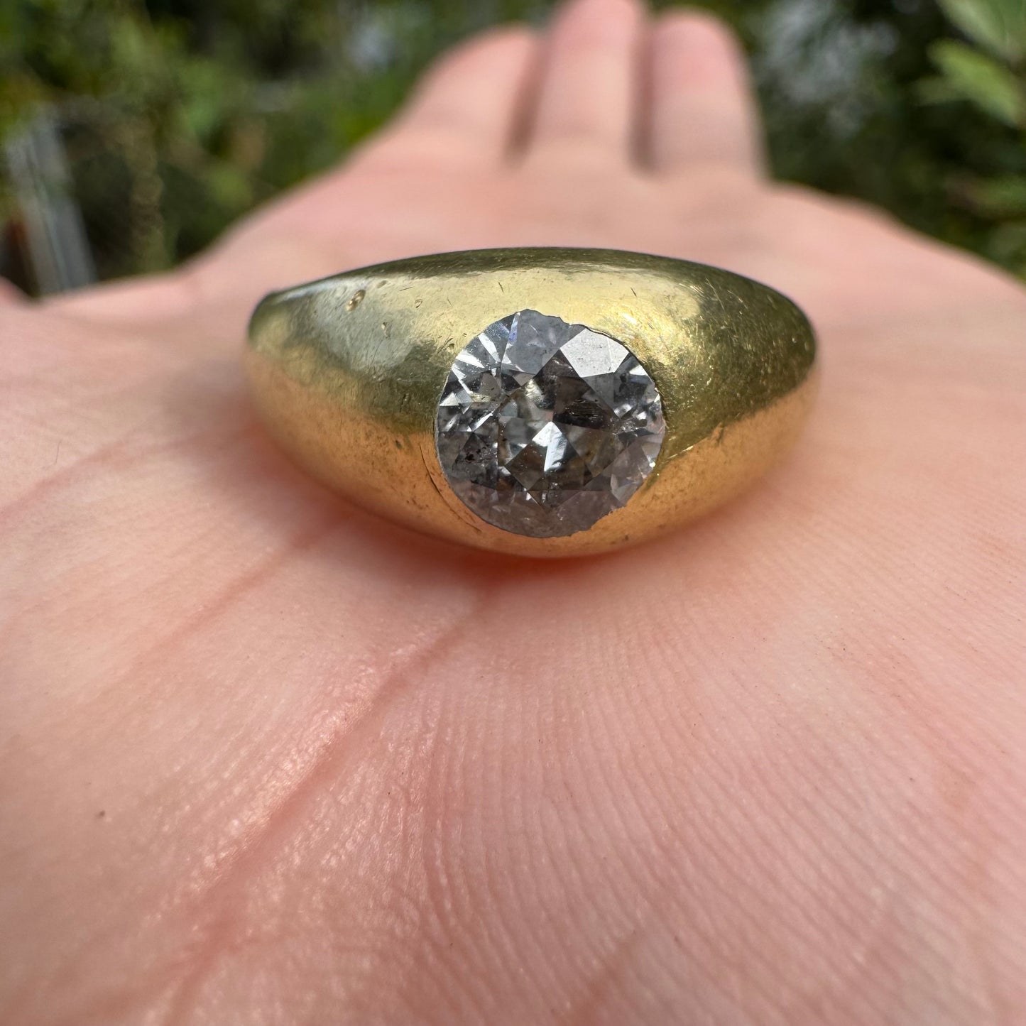 Antique Solid 18k Yellow Gold .91ct Old Euro Cut Diamond “Rub Over” Gypsy Ring (9.5)