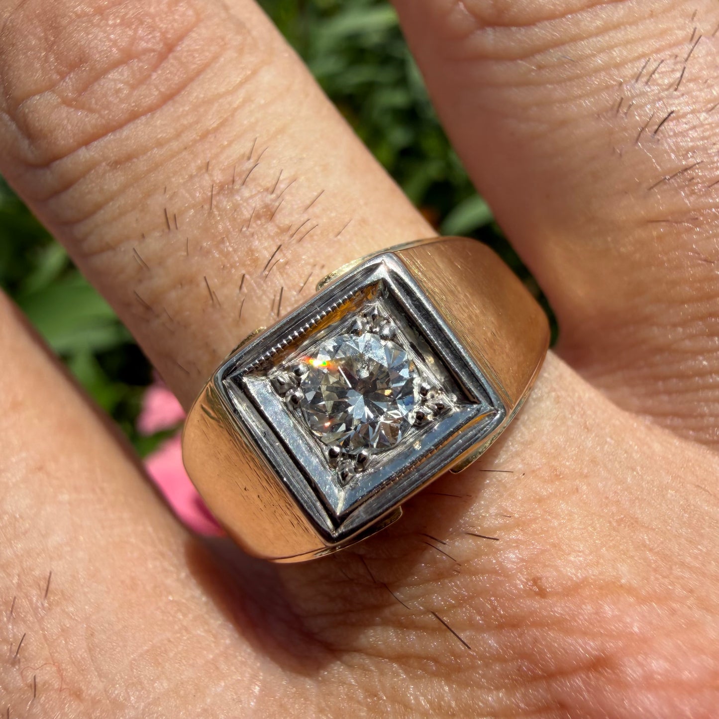 Art Deco Solid 14k Yellow Gold .60ct Old Euro Cut Natural Diamond Solitaire Gents Ring (10.5)