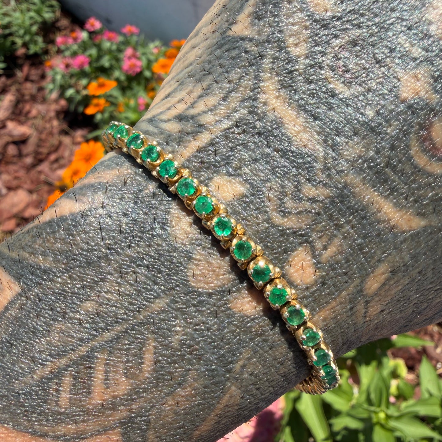 Vintage Solid 14k Yellow Gold 4.5ctw Natural Emerald Tennis Bracelet (7.5”)