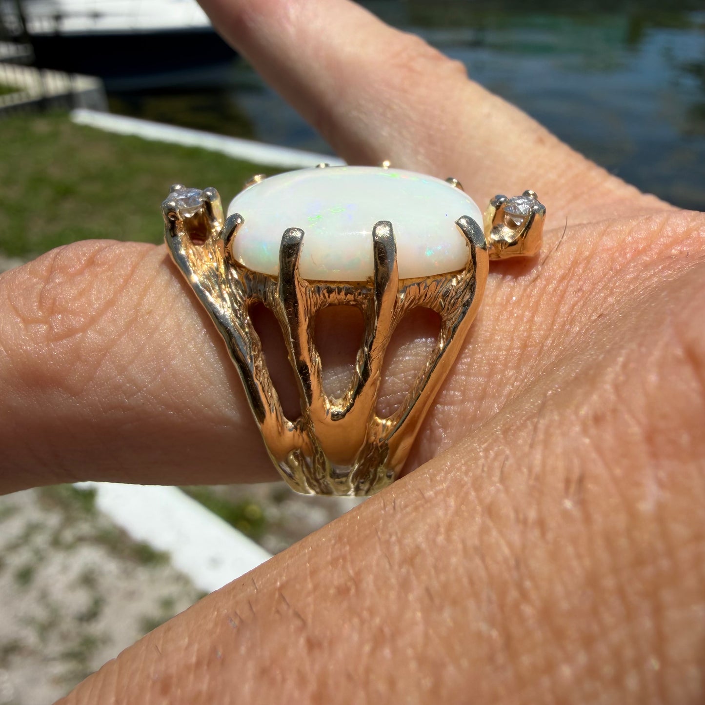 Vintage Artisan Crafted Solid 14k Yellow Gold Natural White Opal And Diamond Brutalist Ring (8)