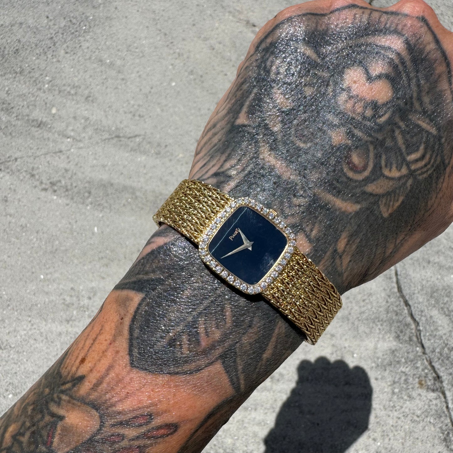 Late 1970’s/Early 1980’s Piaget Solid 18k Yellow Gold Factory Diamond Bezel Falcons Eye Stone Dial 9908 D11 Watch (7.5”)