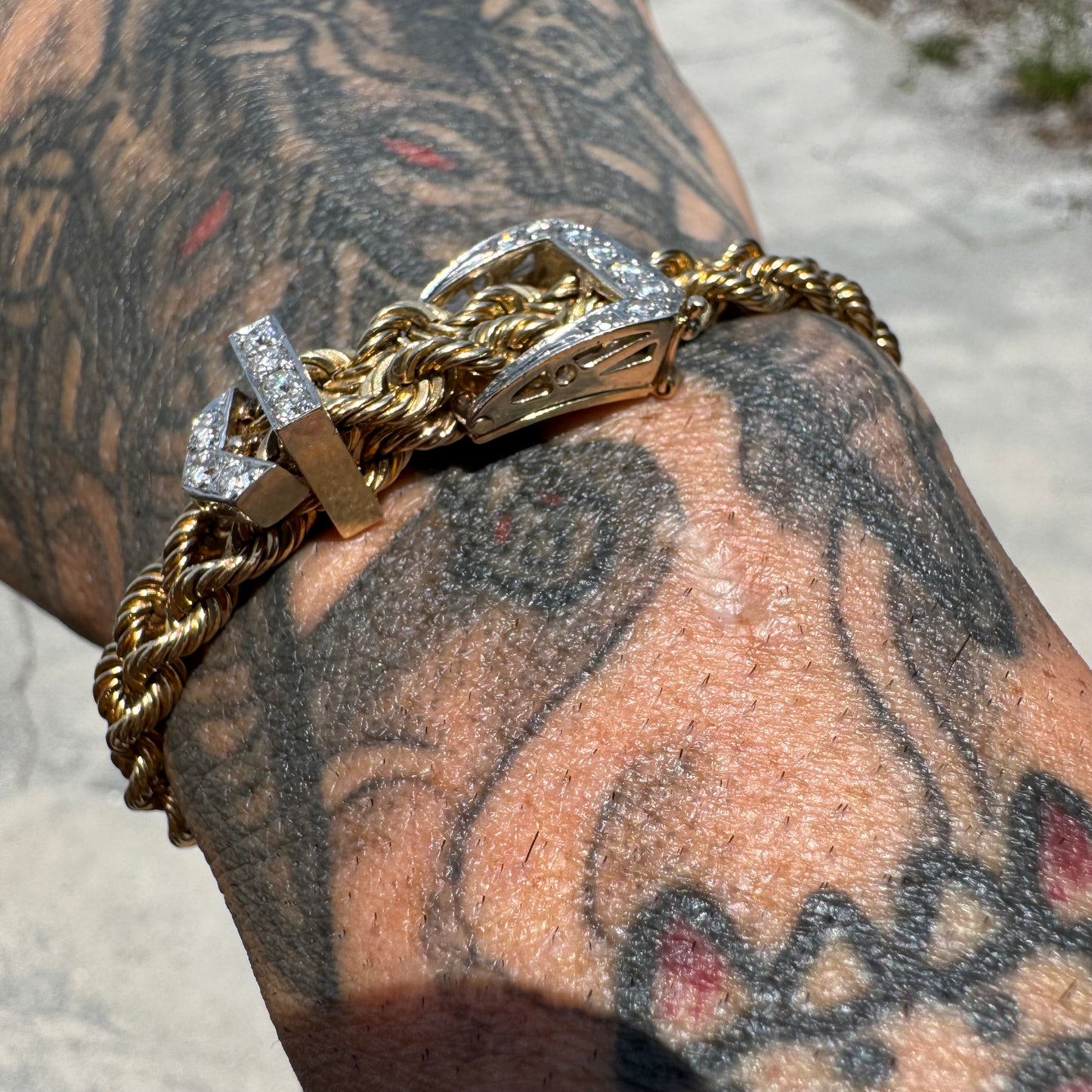 Circa 1970’s Solid 14k Yellow Gold .75ctw Natural Diamond Double Rope Belt Bracelet (Fits 5”-7”)