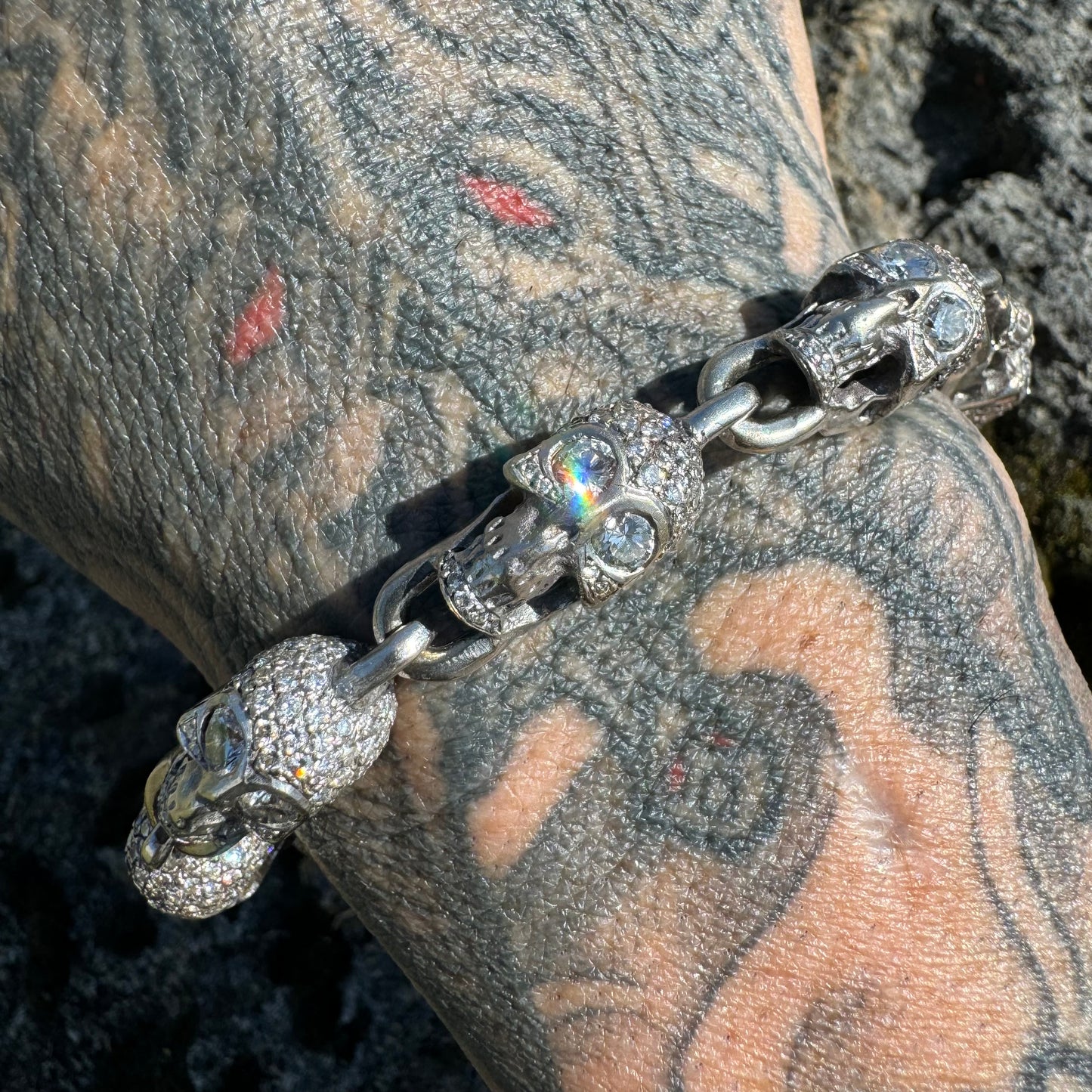 Vintage Solid 18k White Gold 21 CTW Natural Diamond Custom Skull Bracelet (7.25”)