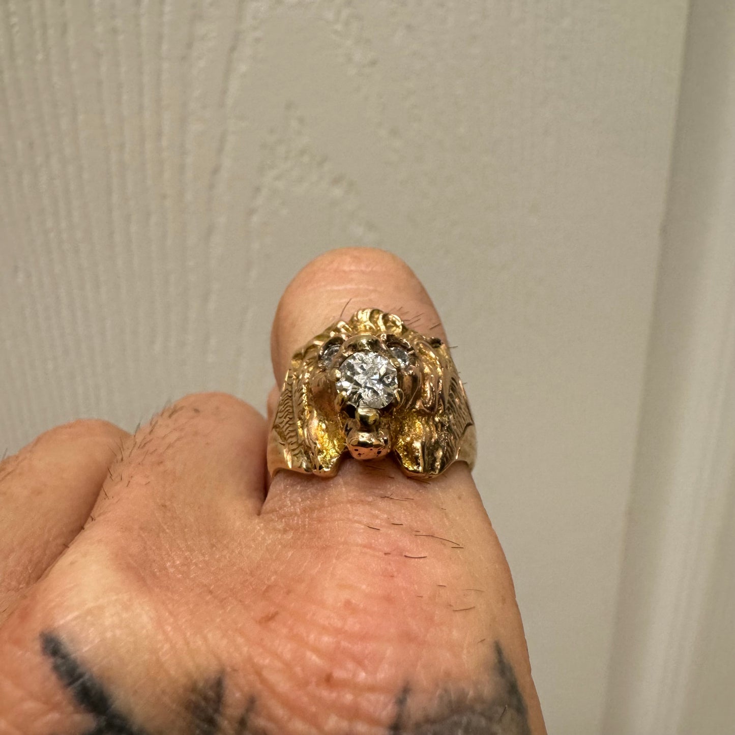 Victorian Era Solid 14k Yellow Gold .50Ct Natural Old Euro Cut Diamond Lion Ring (7.5)