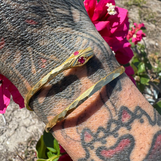 Vintage Solid 22k Yellow Gold Natural Ruby Wraparound Snake Bangle Bracelet (One Size Fits All)