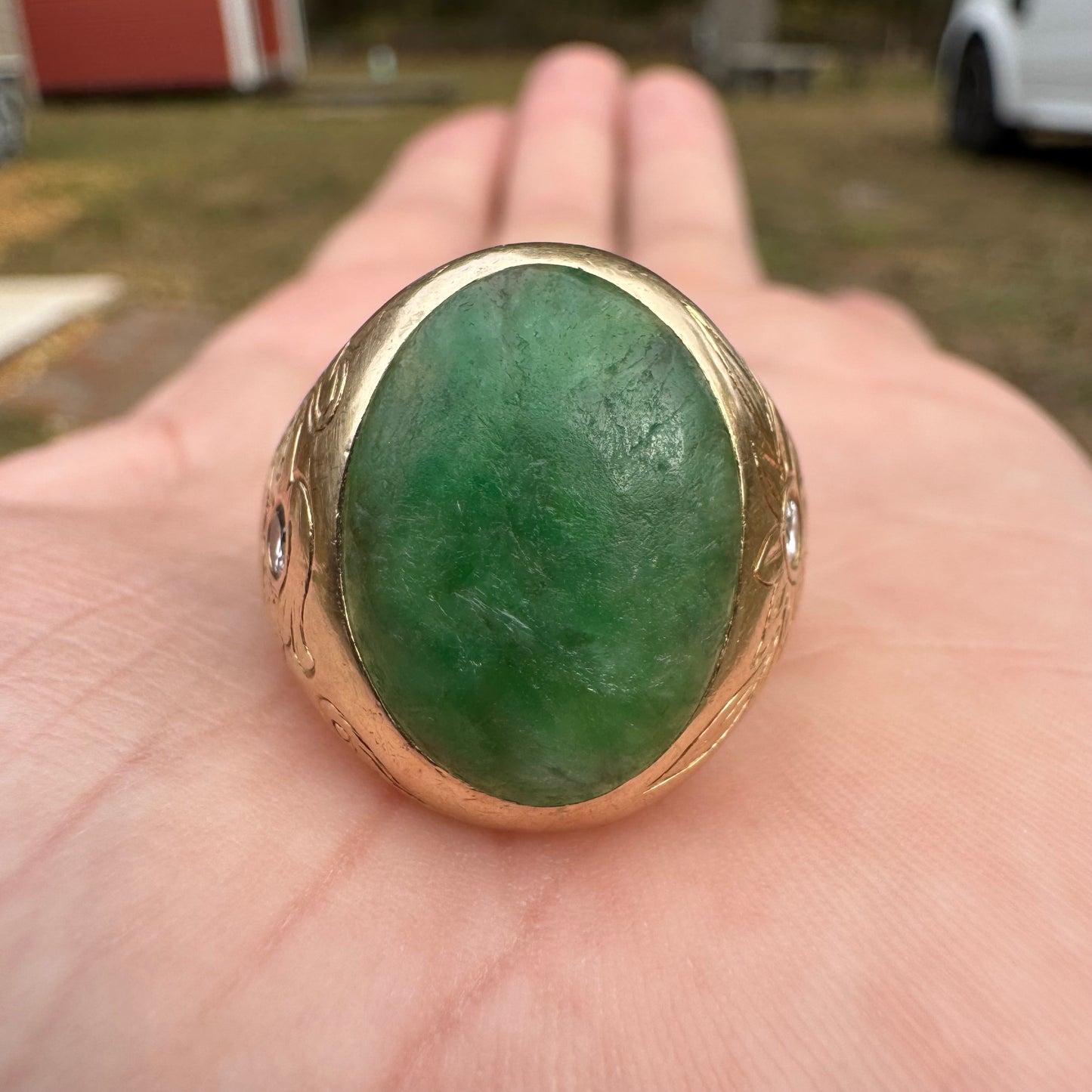 Art Deco Solid 14k Yellow Gold Jade & Diamond Dragon & Floral Carved Signet Ring By Larter And Sons (9.5)