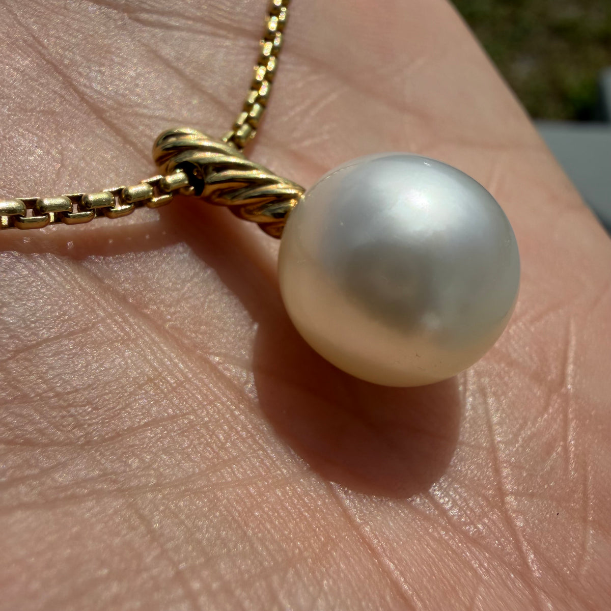 David Yurman Solid 18k Yellow Gold Box Chain Necklace Large Freshwater Pearl Pendant Set (16”)