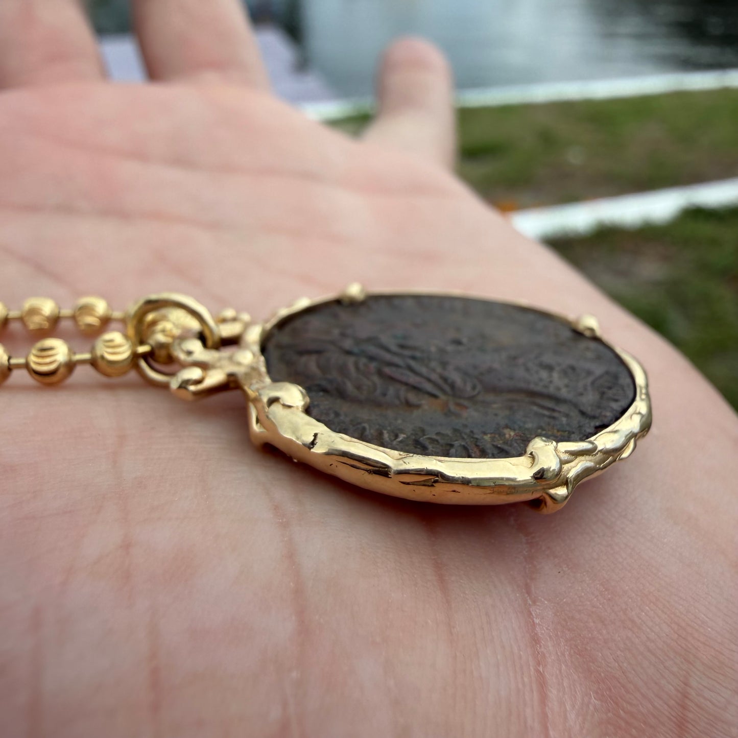 Vintage Solid 14k Yellow Gold Ancient 156-158A.D Antoninus Pius Roman Coin Brutalist Pendant
