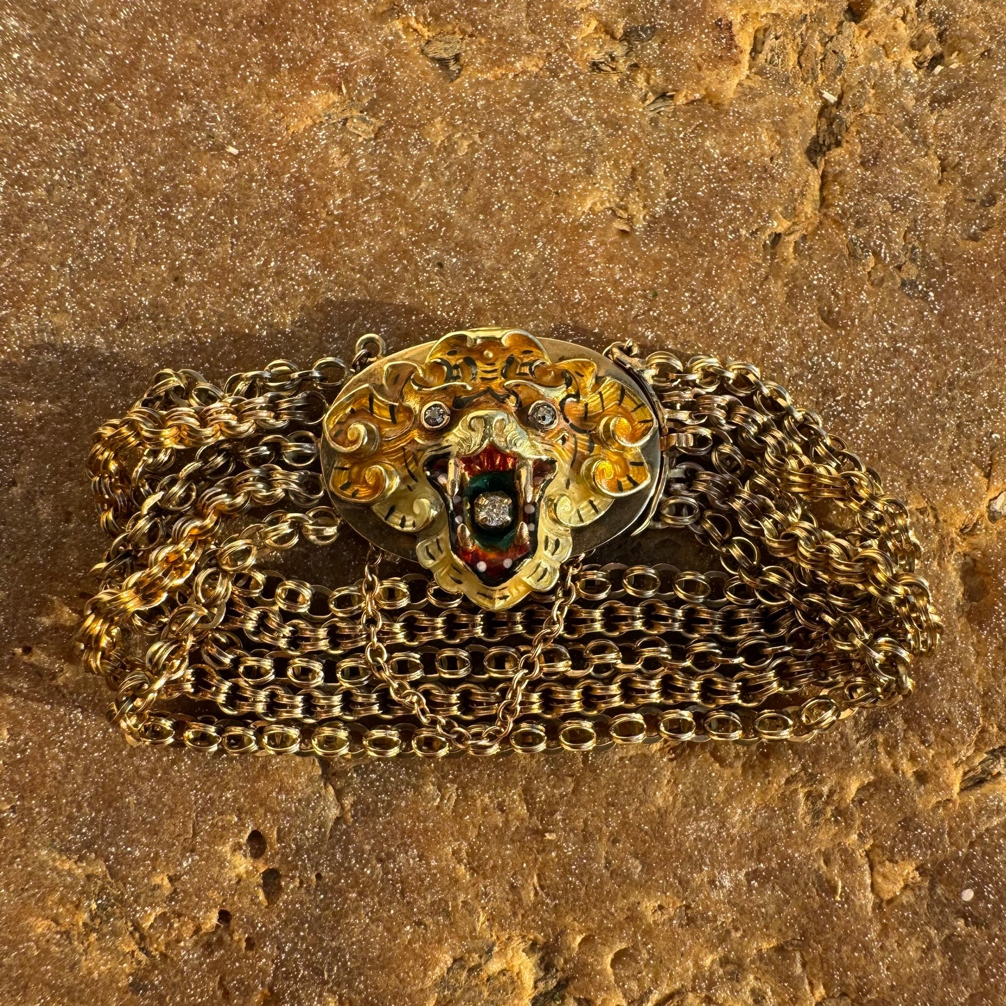 Art Nouveau Solid 14k Yellow Gold Natural Old Mine Cut Diamond Enameled Tiger Bracelet (6.25”)