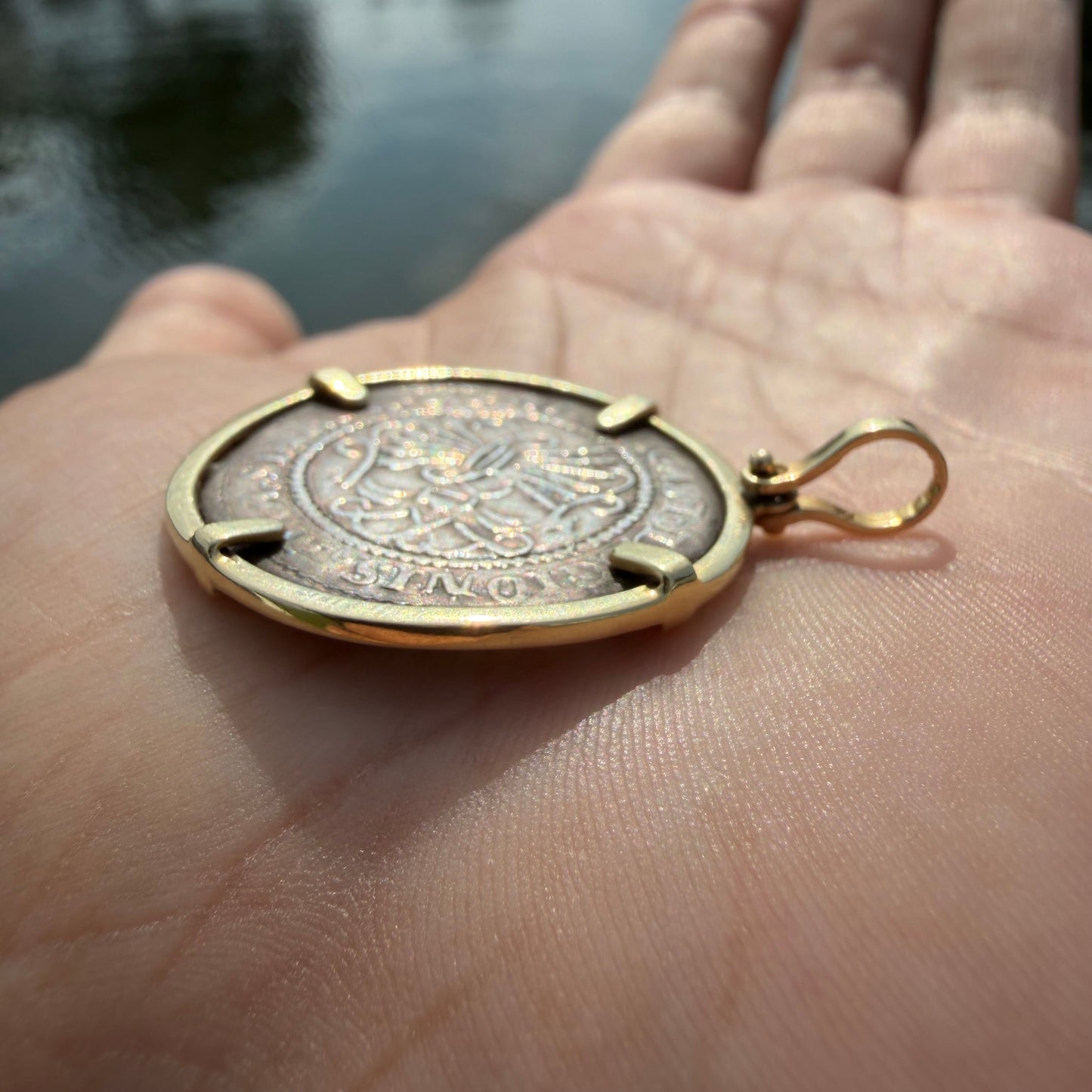 RARE 1474-1504 Silver Catholic Kings Seville 2 Reale Coin 14k Yellow Gold Pendant Retrograde R Counterstrike