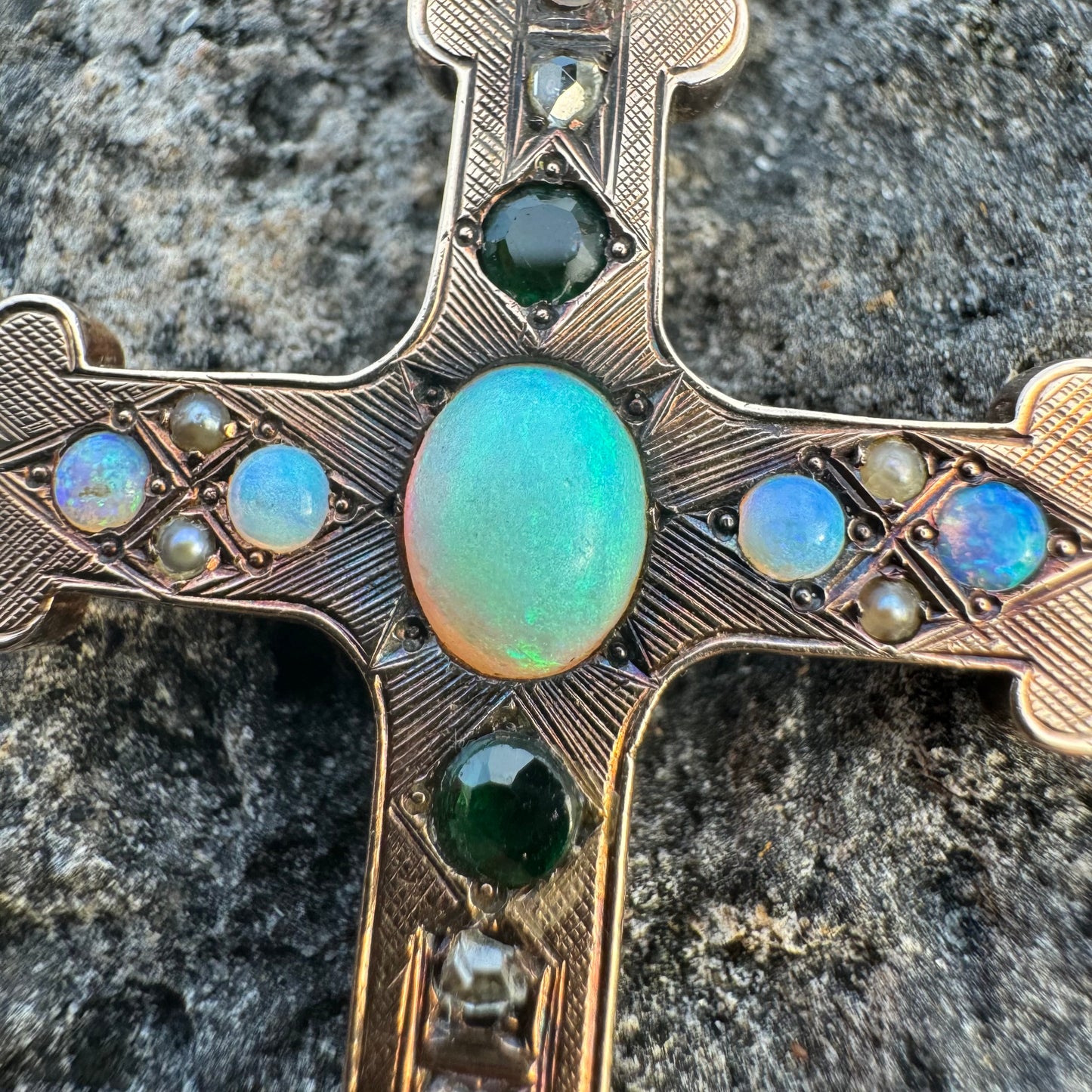 Victorian Solid 14k Gold Rose Cut Diamond, Emerald, Opal Byzantine Cross Pendant