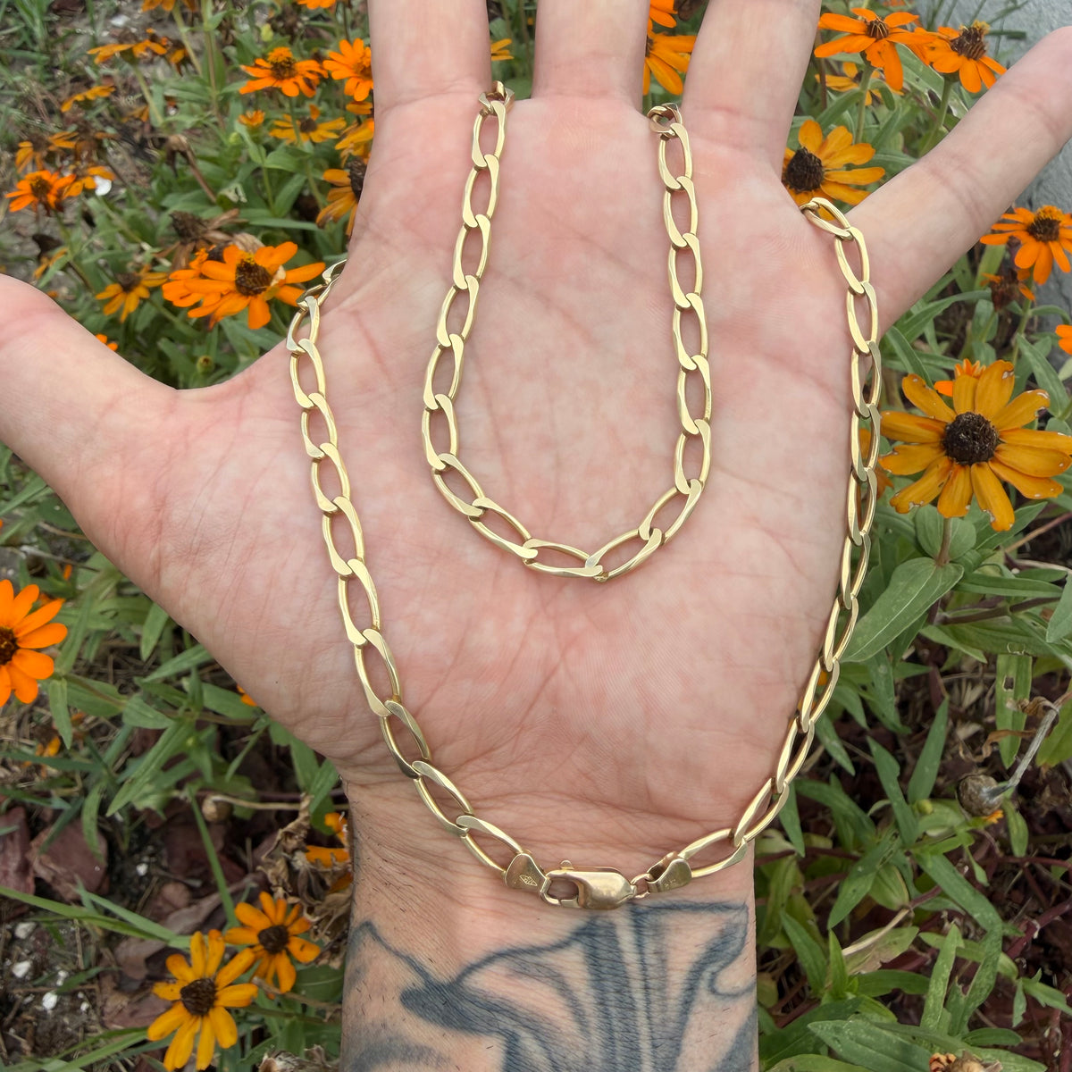 Vintage Solid 14k Yellow Gold Knife Edged Elongated Curb Link Necklace (21”)