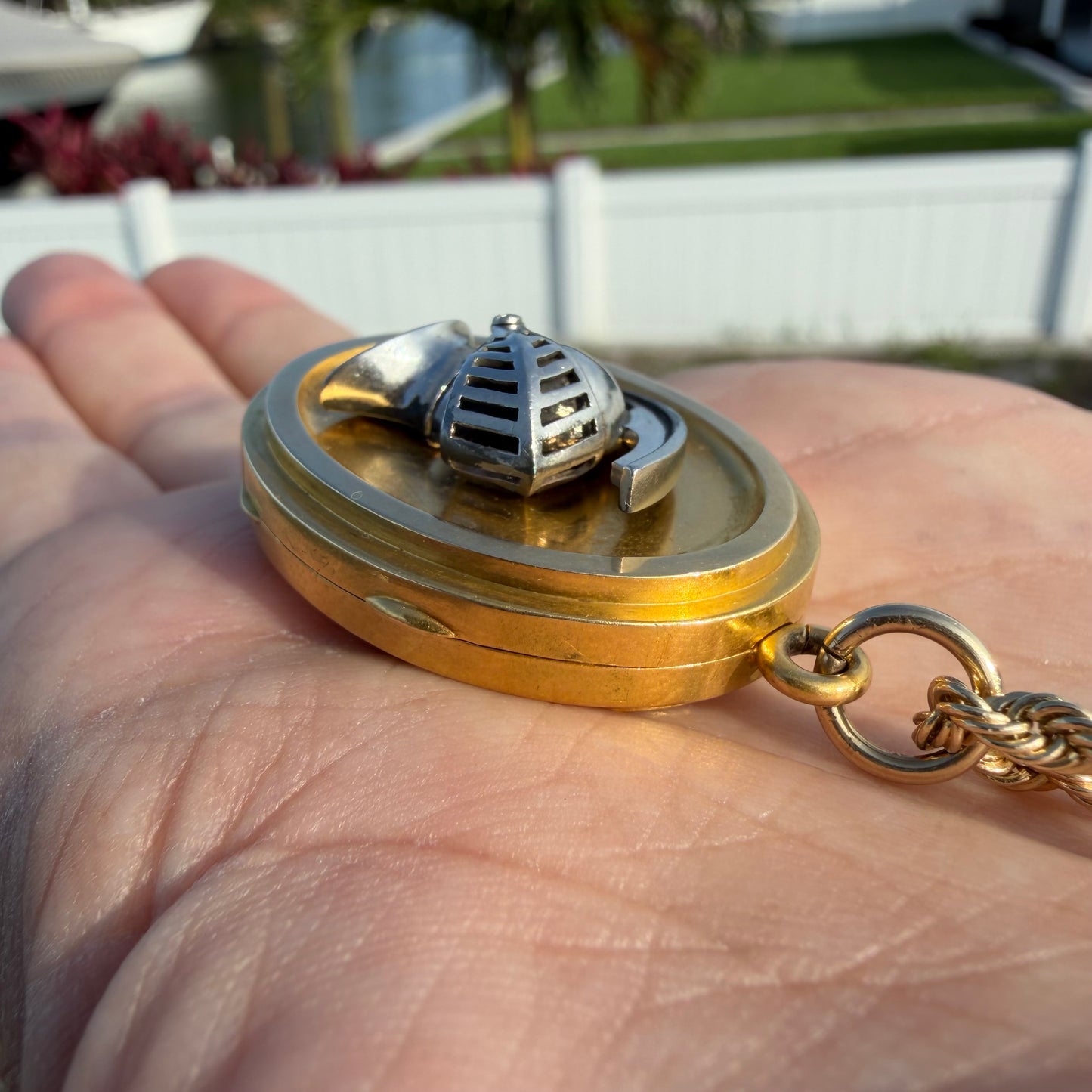 Victorian Solid 18k Yellow Gold/Platinum Large Medieval Burgonet Helmet Locket Pendant