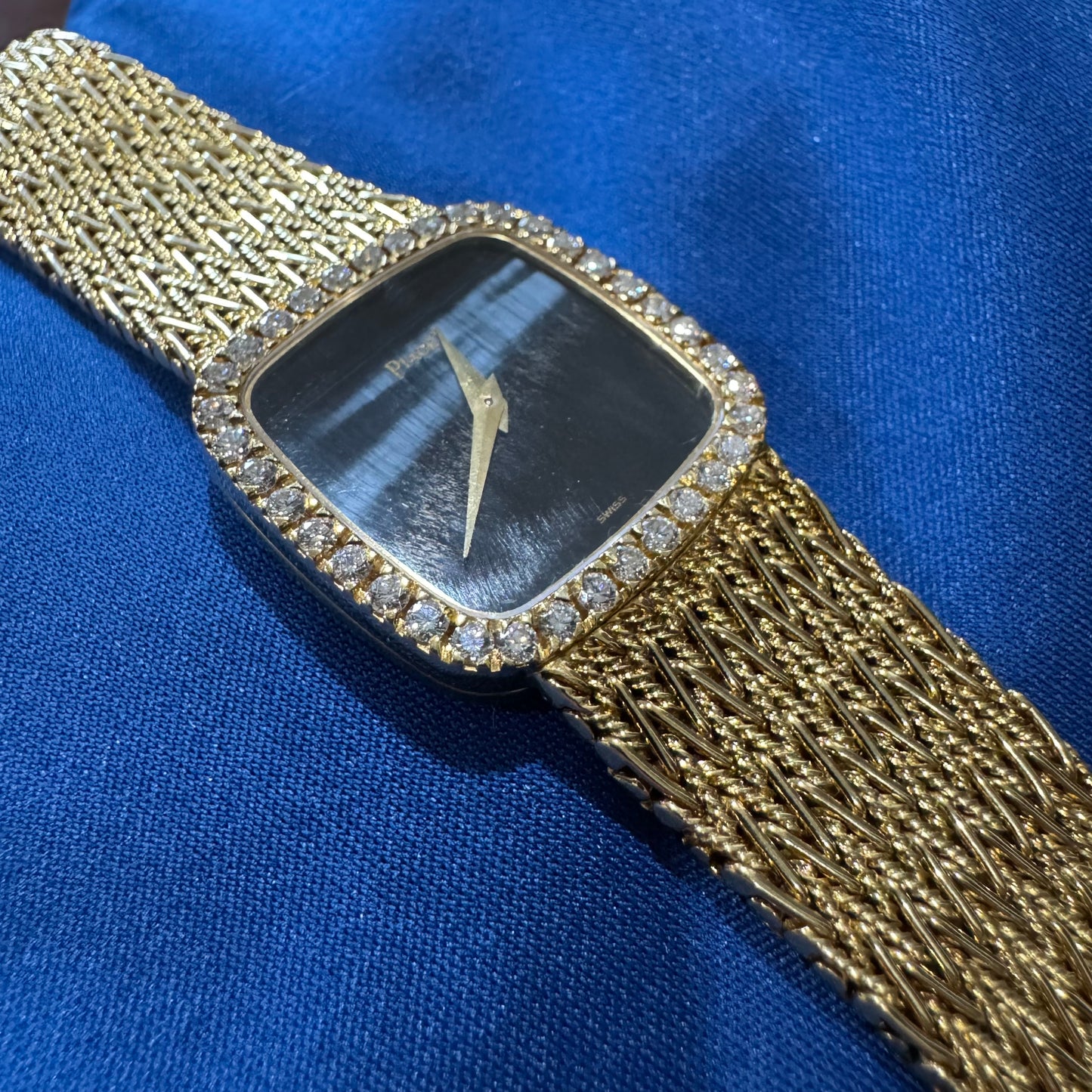 Late 1970’s/Early 1980’s Piaget Solid 18k Yellow Gold Factory Diamond Bezel Falcons Eye Stone Dial 9908 D11 Watch (7.5”)