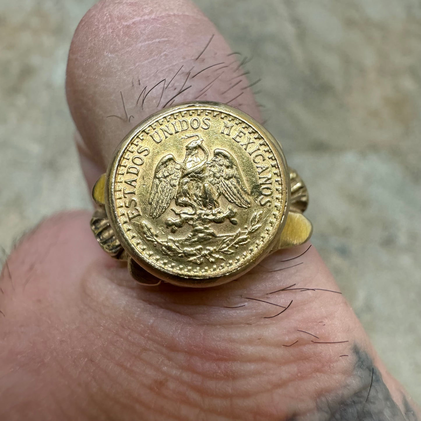 1945 22k Gold Mexican Dos Pesos 14k Yellow Gold Brutalist Nugget Coin Ring (6.5)
