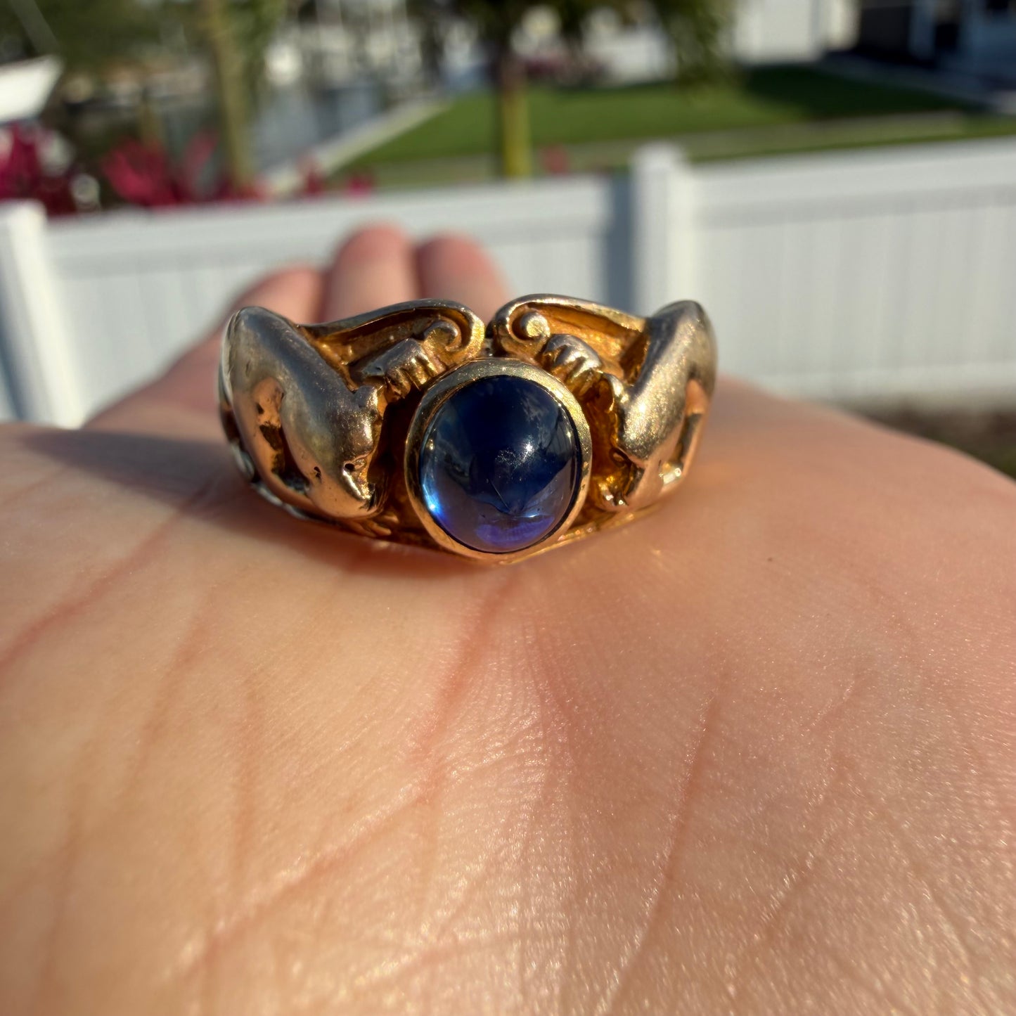 Art Nouveau Solid 14k Yellow Gold Sugar Loaf Sapphire Double Lion Ring (8.5)
