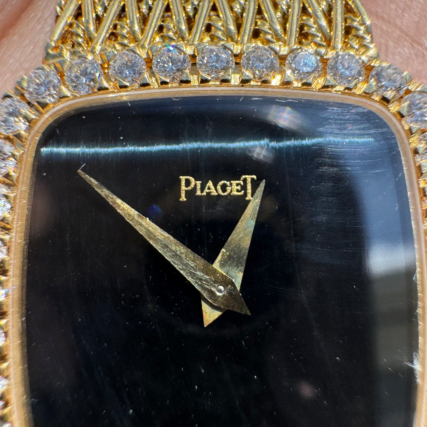 Late 1970’s/Early 1980’s Piaget Solid 18k Yellow Gold Factory Diamond Bezel Falcons Eye Stone Dial 9908 D11 Watch (7.5”)
