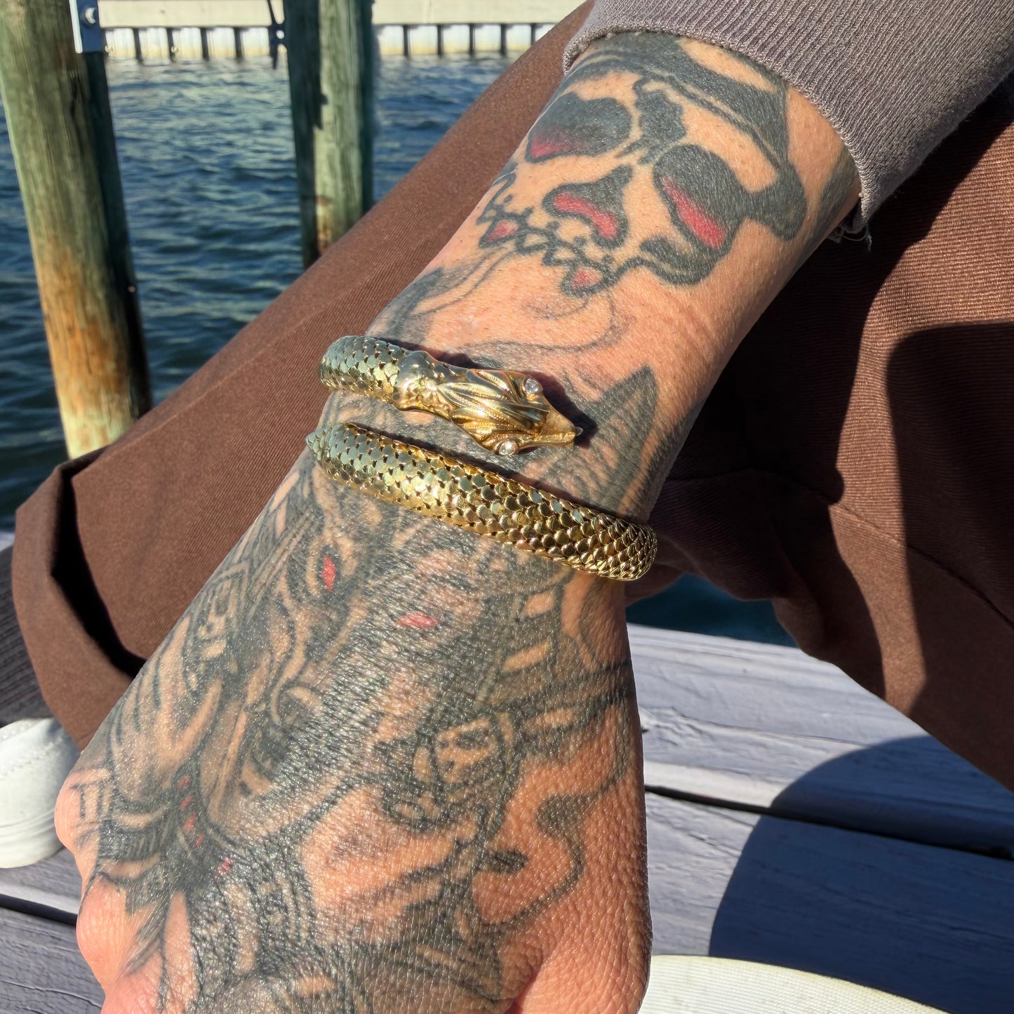 Circa 1940’s Italian Designer 18k Yellow Gold Flexible Mesh Heavyweight Snake Bracelet (6”-7.75”)
