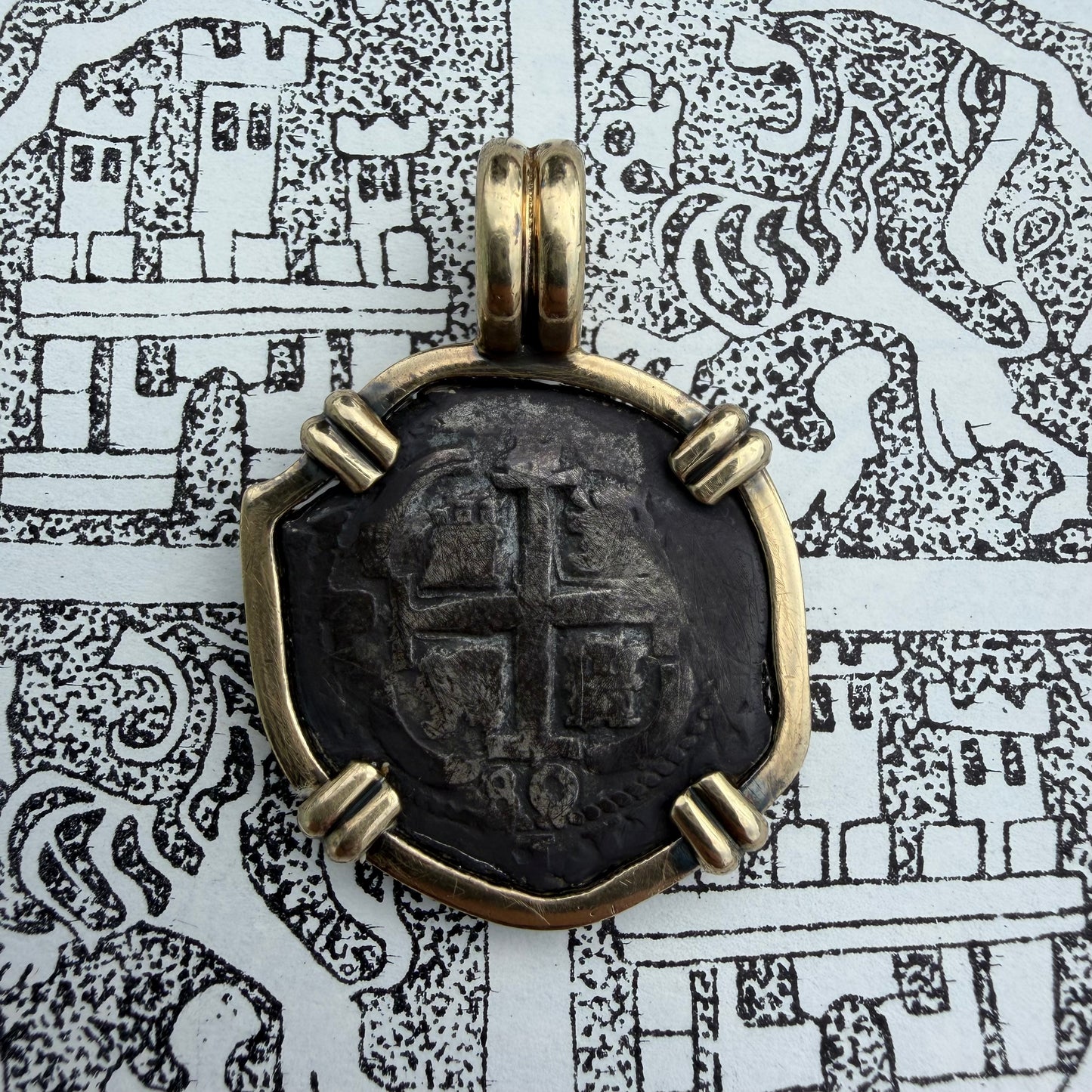 1680 Potosi V Bolivia Silver 2 Reale Coin Vintage Custom 14k Yellow Gold Pendant