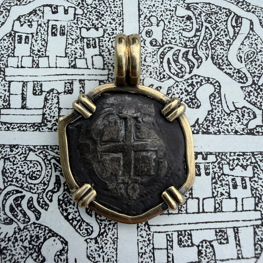 1680 Potosi V Bolivia Silver 2 Reale Coin Vintage Custom 14k Yellow Gold Pendant
