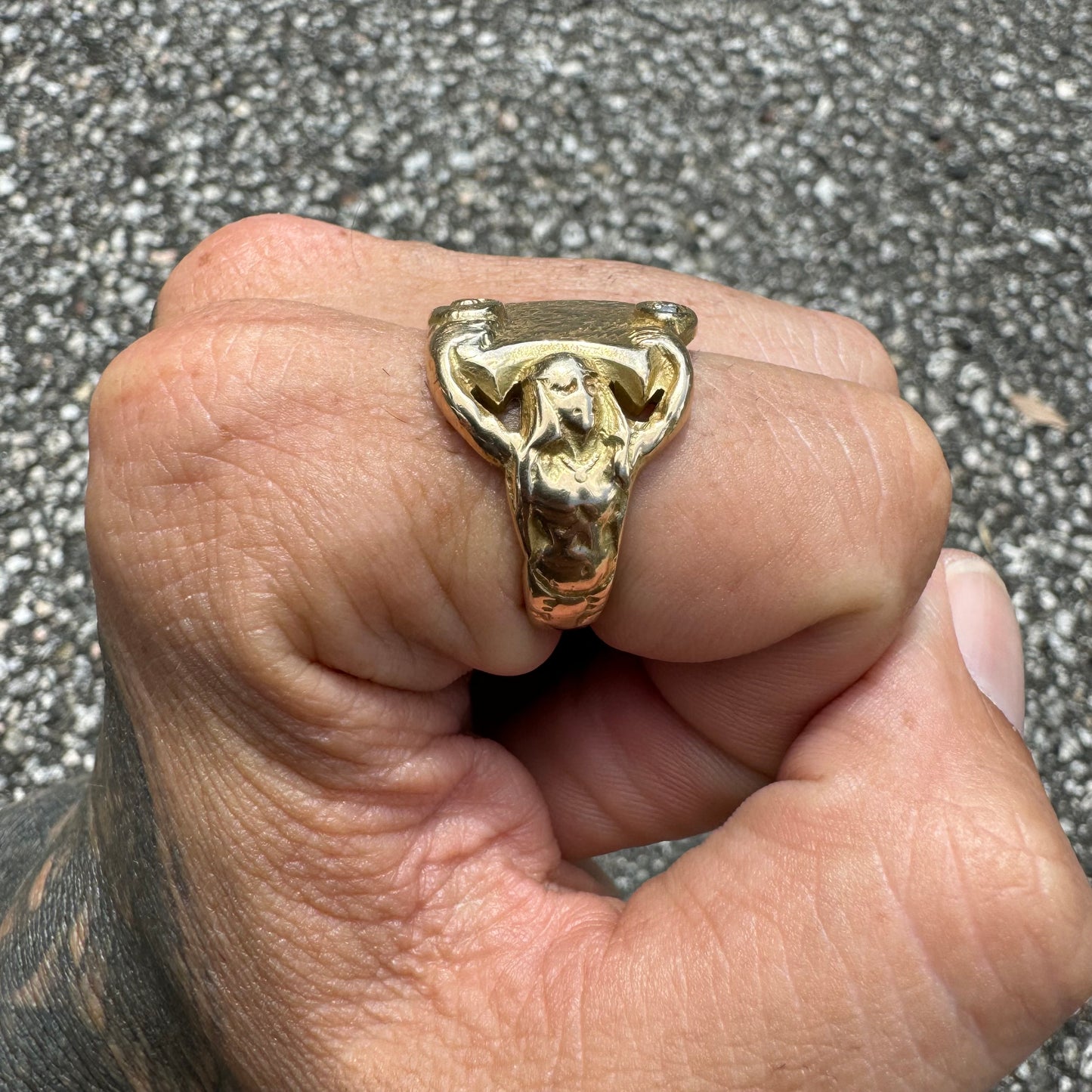 Art Nouveau Solid 14k Yellow Gold Mermaid Scroll Signet Ring (11)