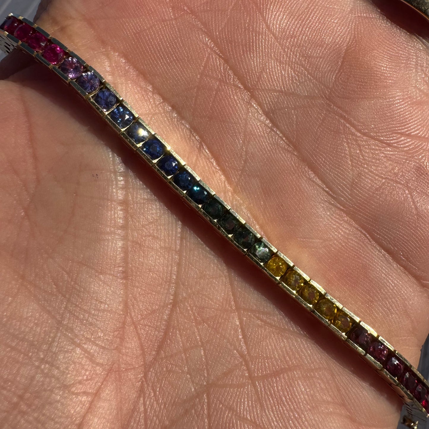 Vintage Solid 14k Yellow Gold 6.0ctw Natural Sapphire Rainbow Tennis Bracelet (7”)