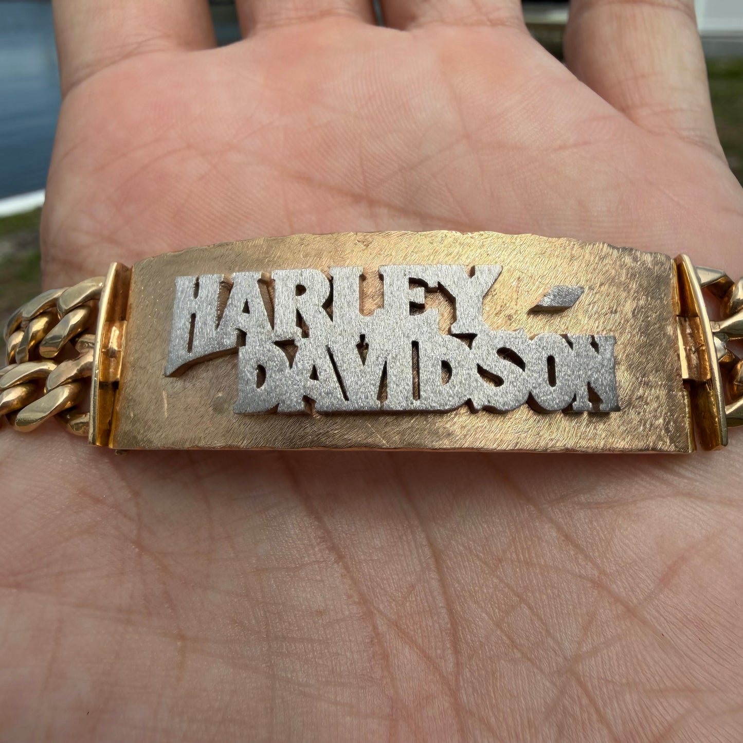 Vintage Solid 18k Yellow Gold Custom Made Heavyweight Harley-Davidson Curb Link ID Bracelet (7.25”)
