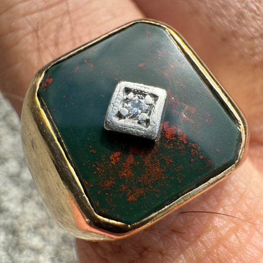 1930’s 10k Yellow Gold Art-Deco Bloodstone Diamond Solitaire Solid Backed Signet Ring (10.5)