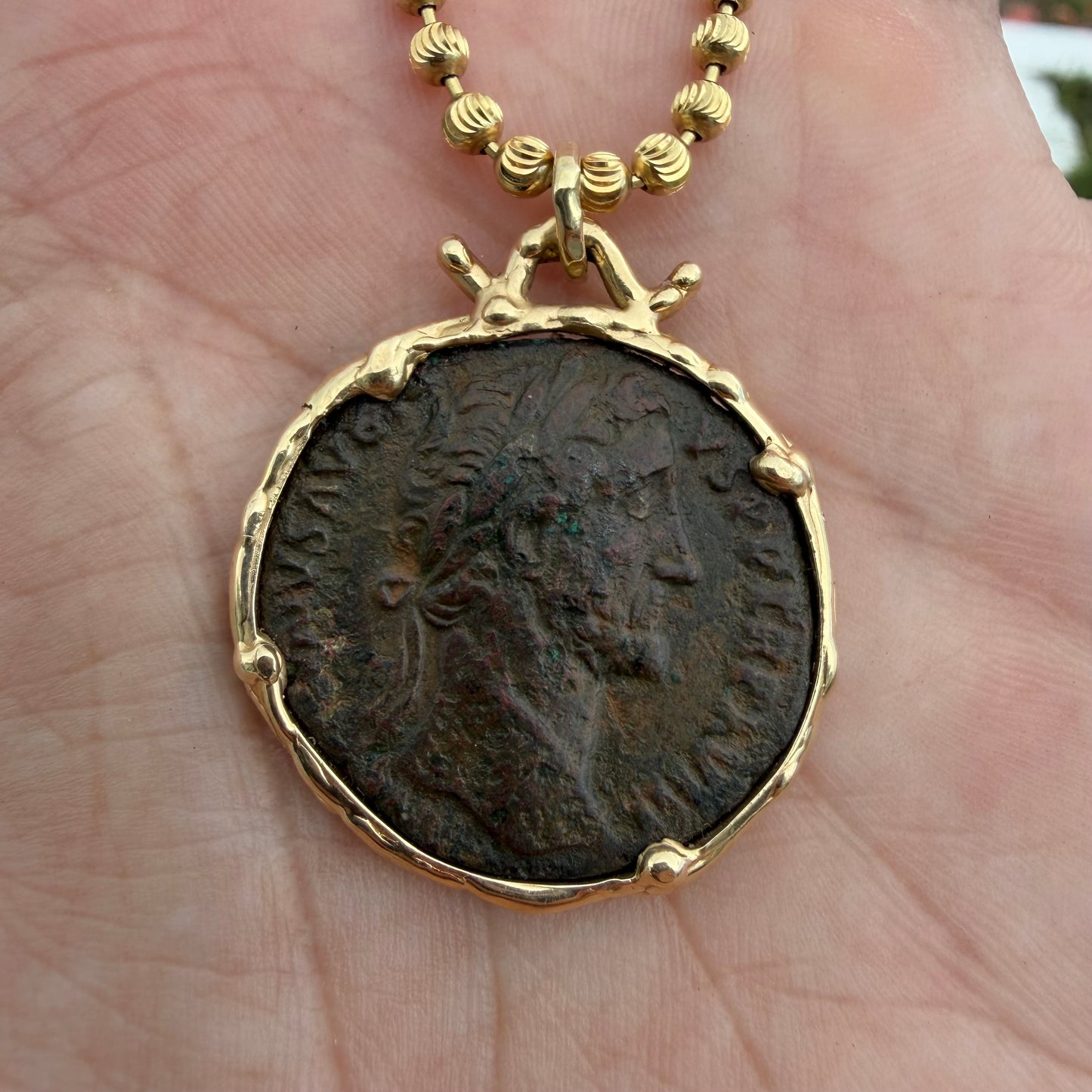 Vintage Solid 14k Yellow Gold Ancient 156-158A.D Antoninus Pius Roman Coin Brutalist Pendant
