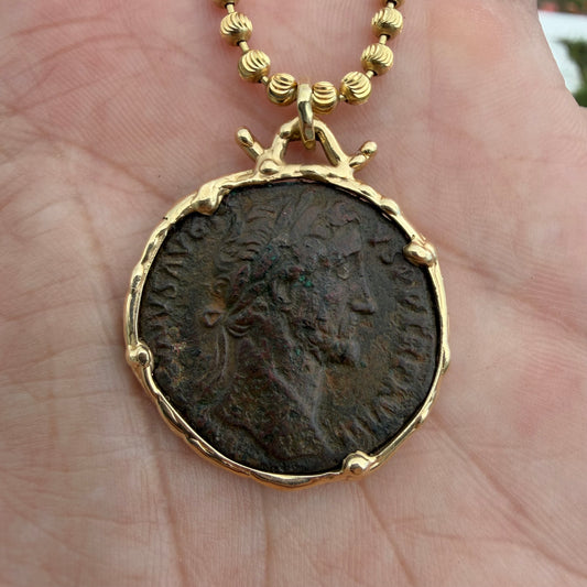 Vintage Solid 14k Yellow Gold Ancient 156-158A.D Antoninus Pius Roman Coin Brutalist Pendant