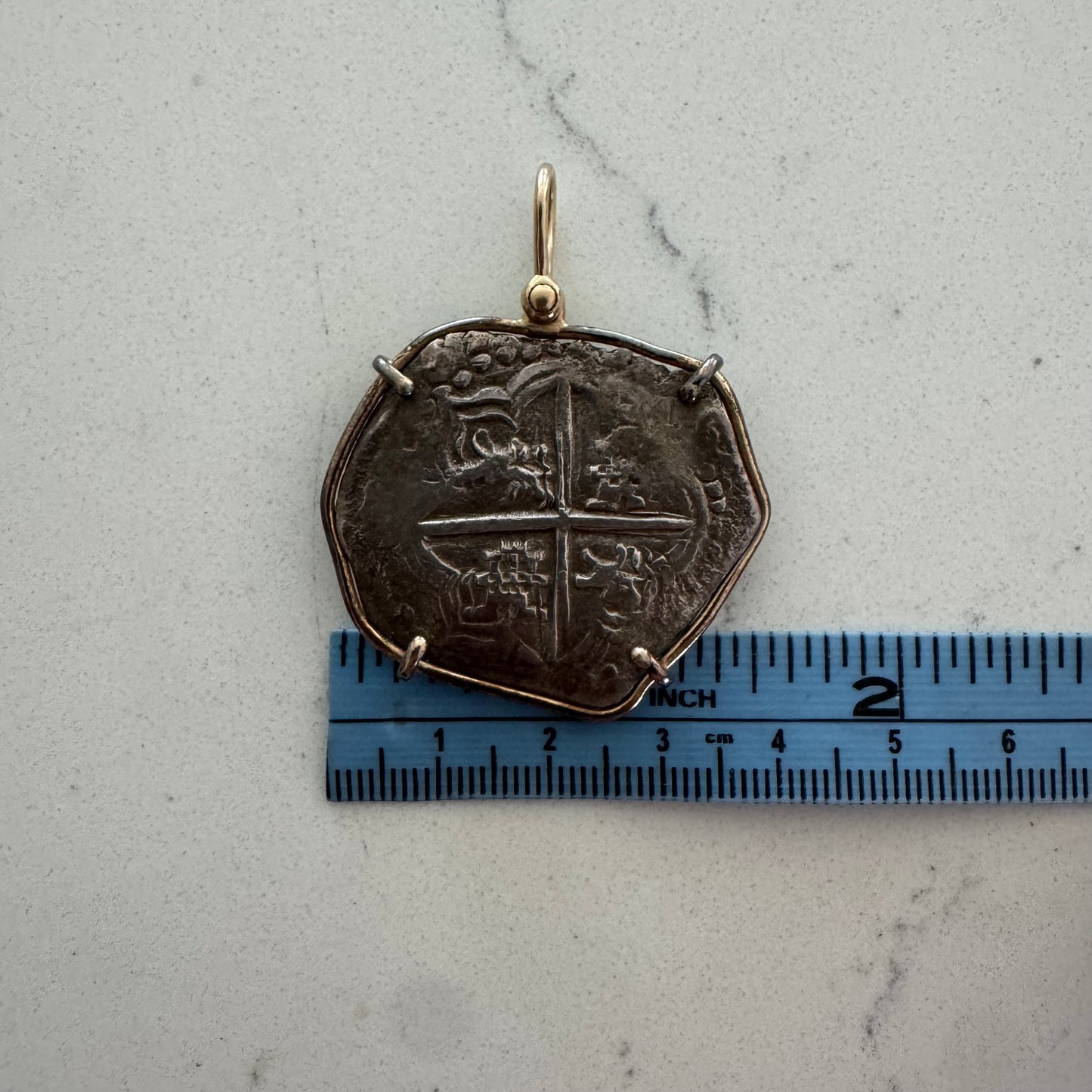 1600’s Philip III Silver 8 Reales Shipwreck Coin 14k Yellow Gold Pendant