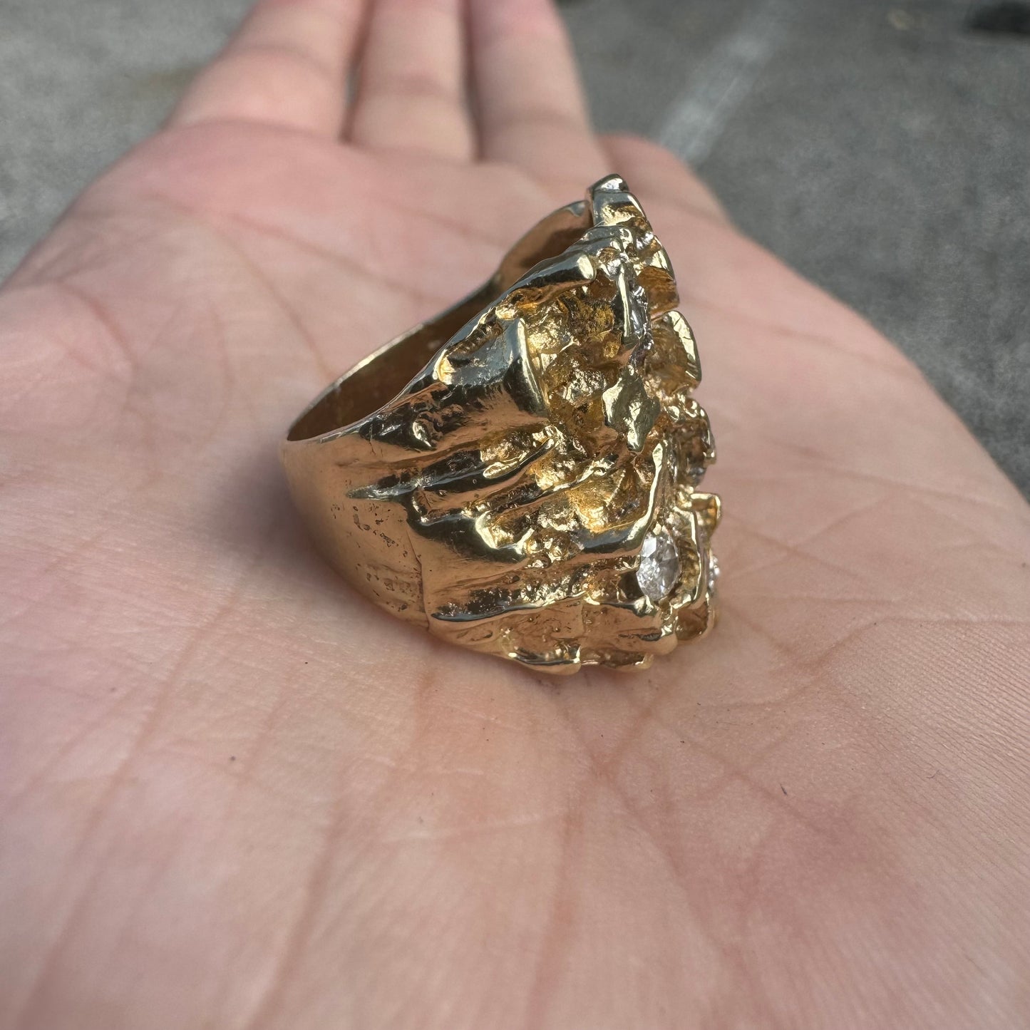 1970’s Solid 14k Yellow Gold .80ctw Natural Diamond Encrusted Brutalist Nugget Ring (6.25)