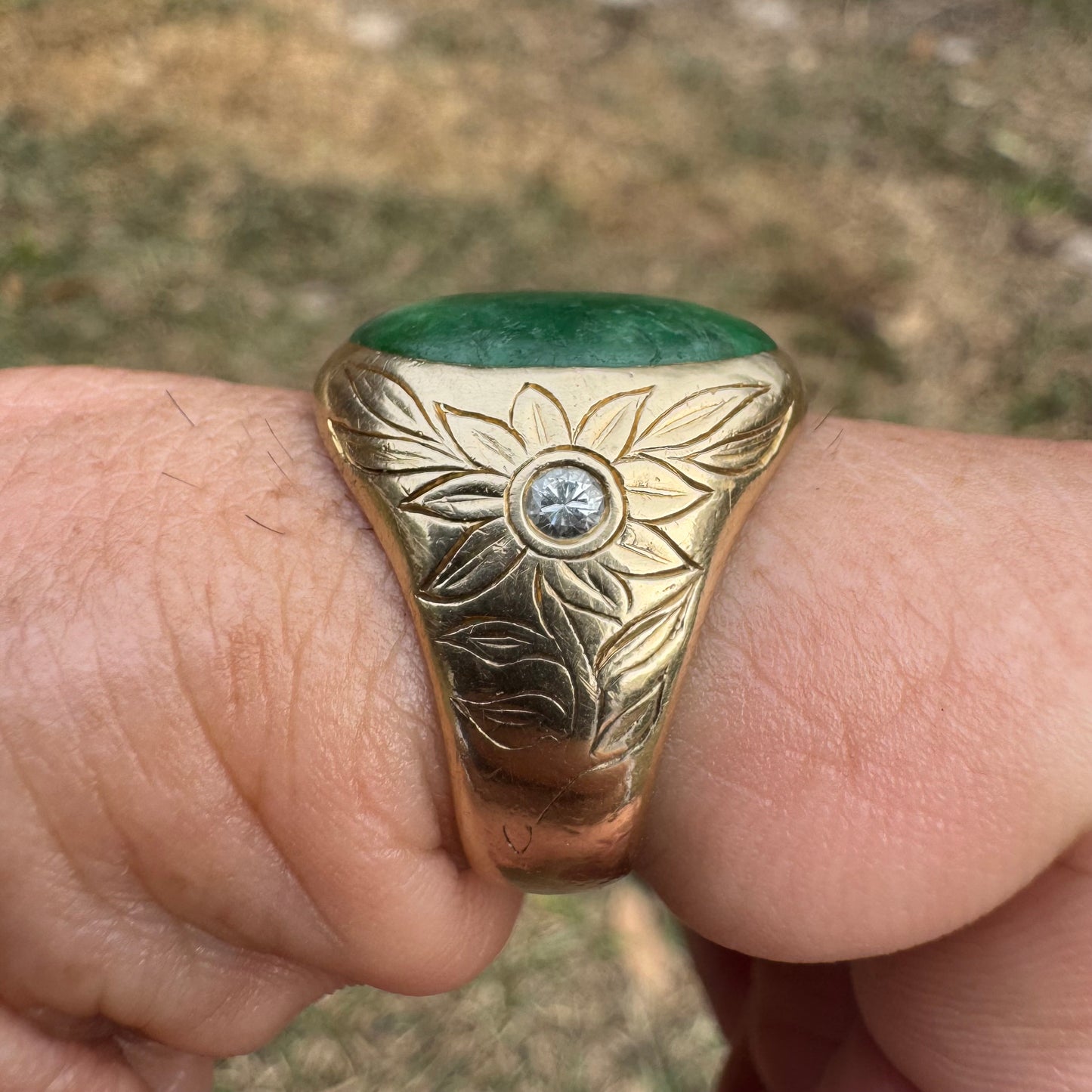 Art Deco Solid 14k Yellow Gold Jade & Diamond Dragon & Floral Carved Signet Ring By Larter And Sons (9.5)