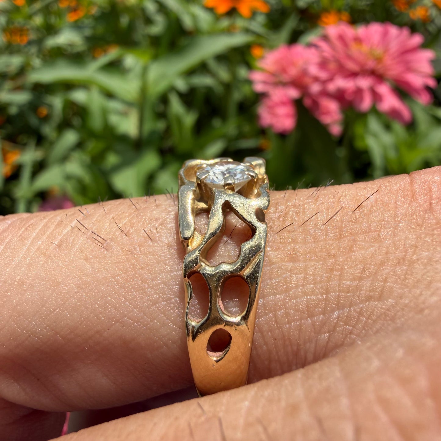 Vintage Solid 14k Yellow Gold .85ct Natural Old Euro Cut Diamond Solitaire Nugget Ring (11.5)