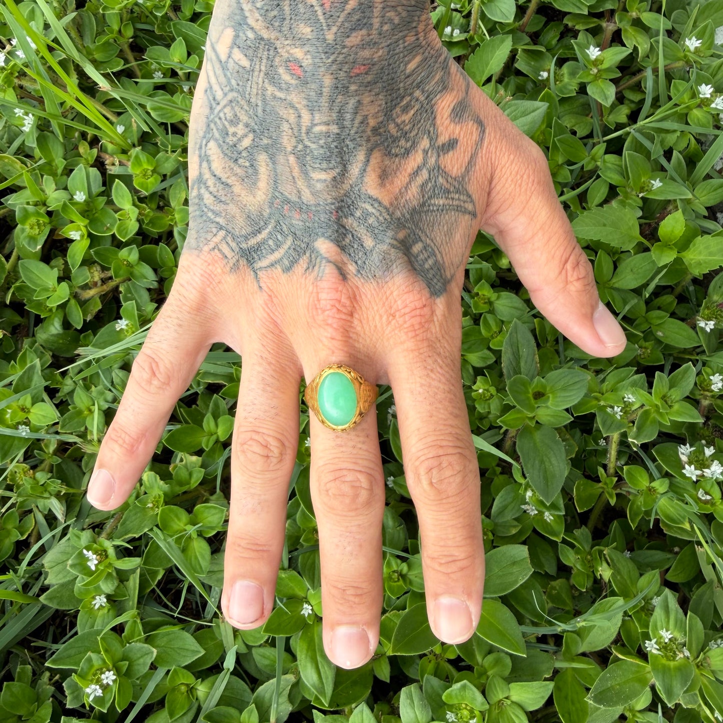 Antique Chinese Traditional 24k Yellow Gold 5.0ct Green Apple Jadeite Fu Ring (10.25)