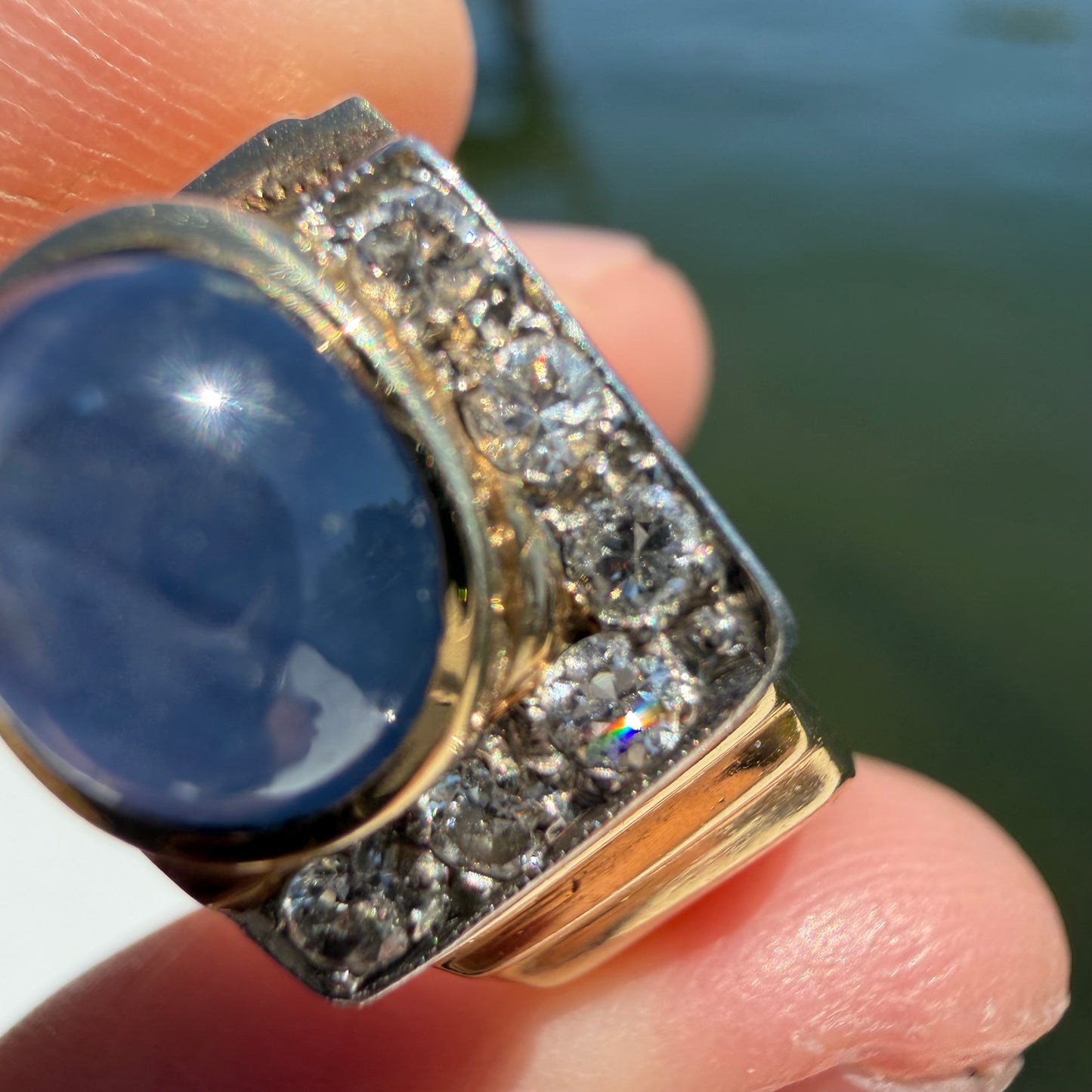 Art Deco Solid 14k Yellow Gold Natural Blue Star Sapphire Old Euro Cut Diamond Ring (8)