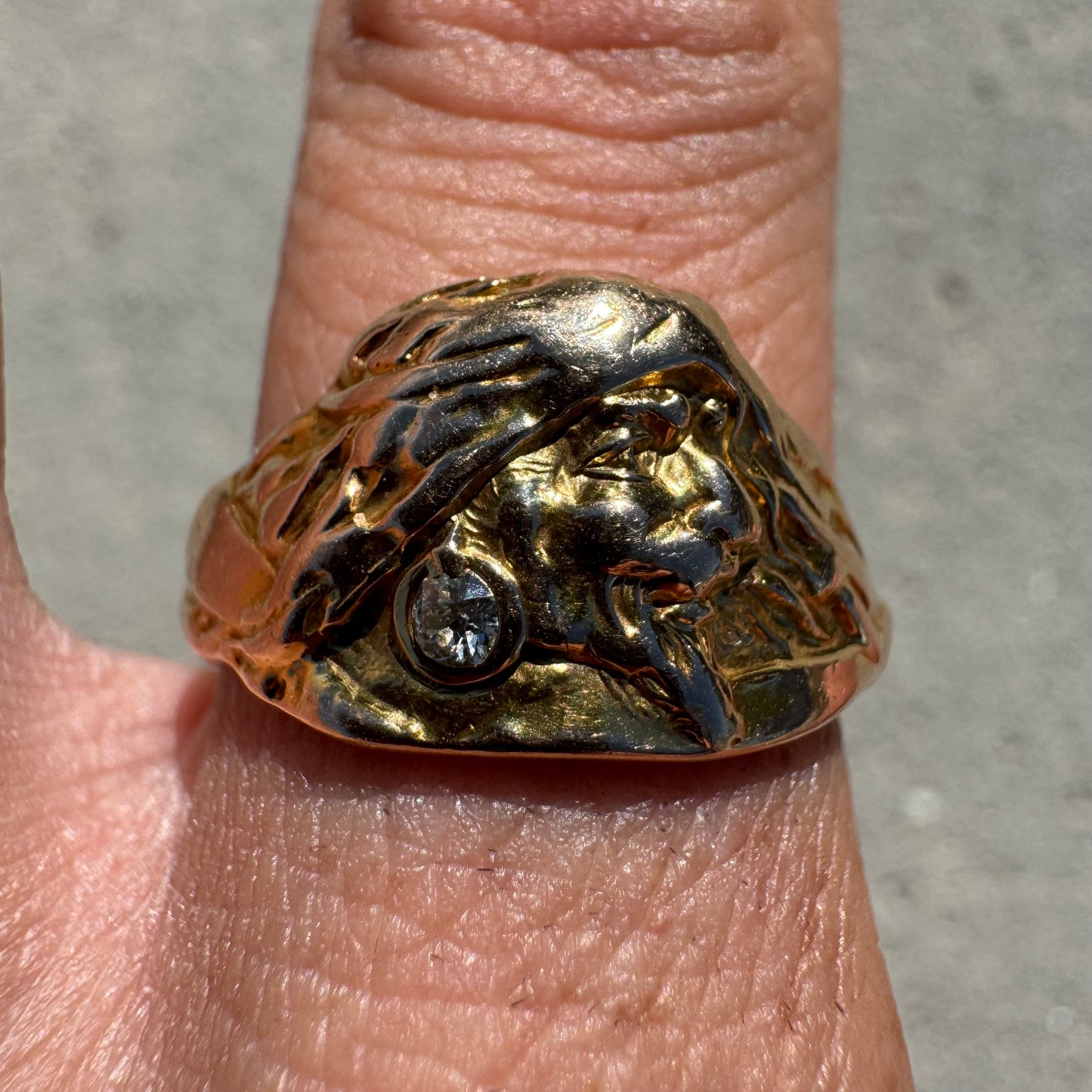 Early 1900’s Art Nouveau Solid 12k Yellow Gold Old Euro Cut Diamond Pirate Figural Ring (11)