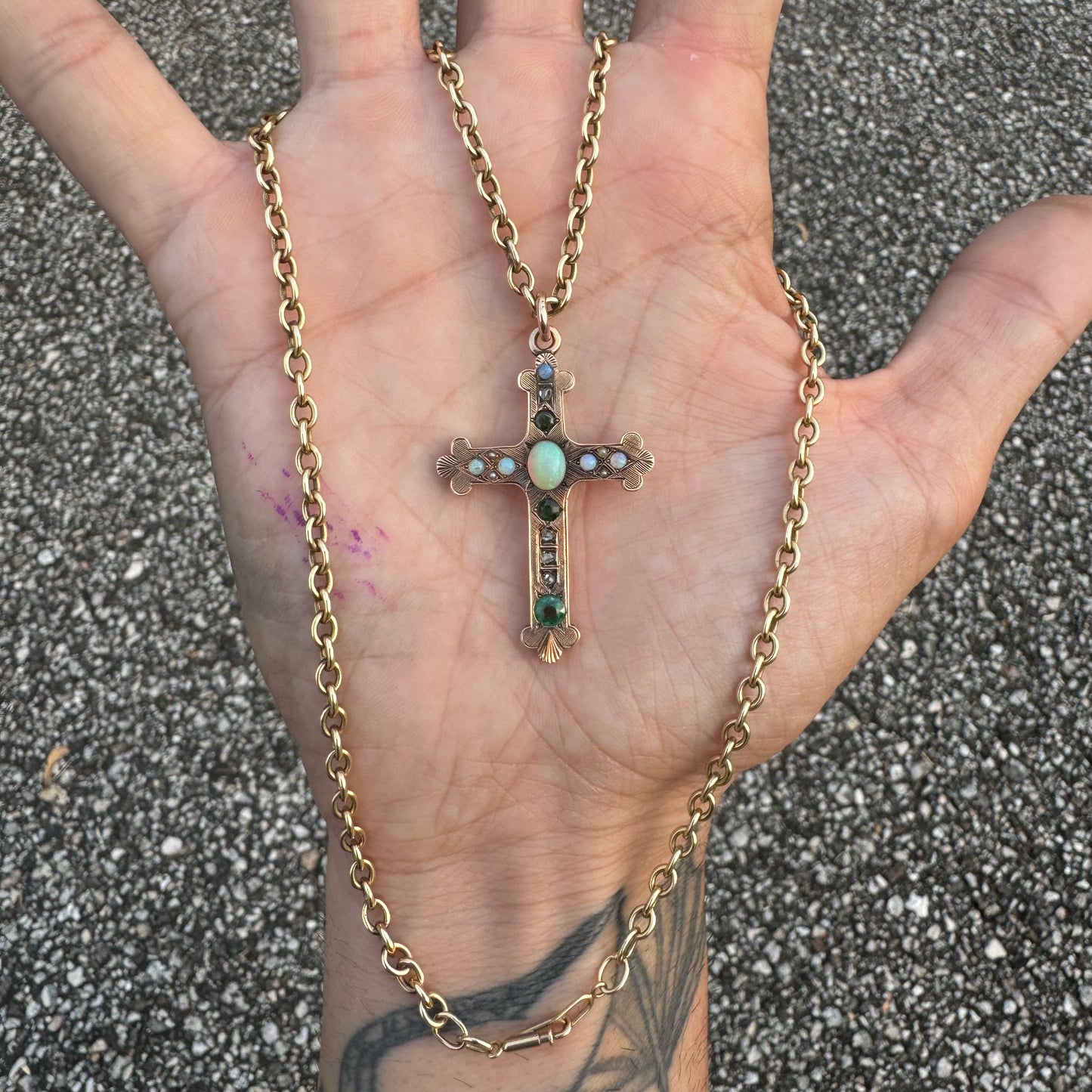 Victorian Solid 14k Gold Rose Cut Diamond, Emerald, Opal Byzantine Cross Pendant